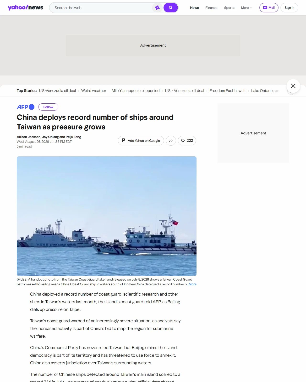 yahoo.com as published: China deploys record number of ships around Taiwan as pressure grows