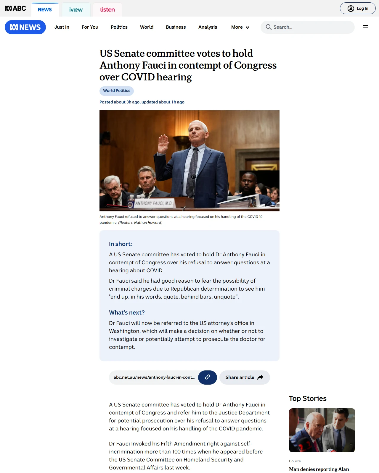 abc.net.au as published: US Senate panel votes to hold Fauci in contempt over COVID hearing
