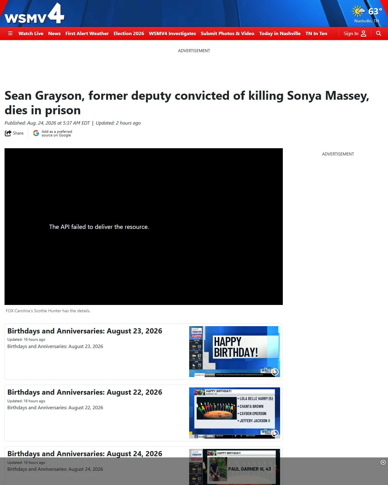 wsmv.com as published: Sean Grayson, former deputy convicted of killing Sonya Massey, dies in prison