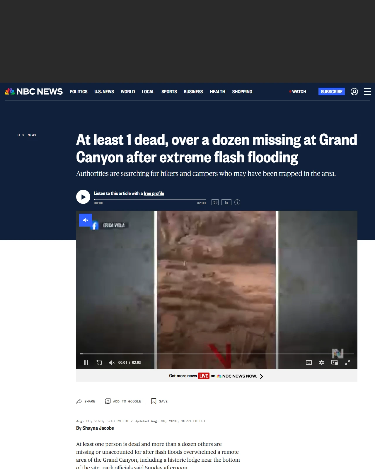 nbcnews.com as published: At least 1 dead, over a dozen missing at Grand Canyon after extreme flash flooding
