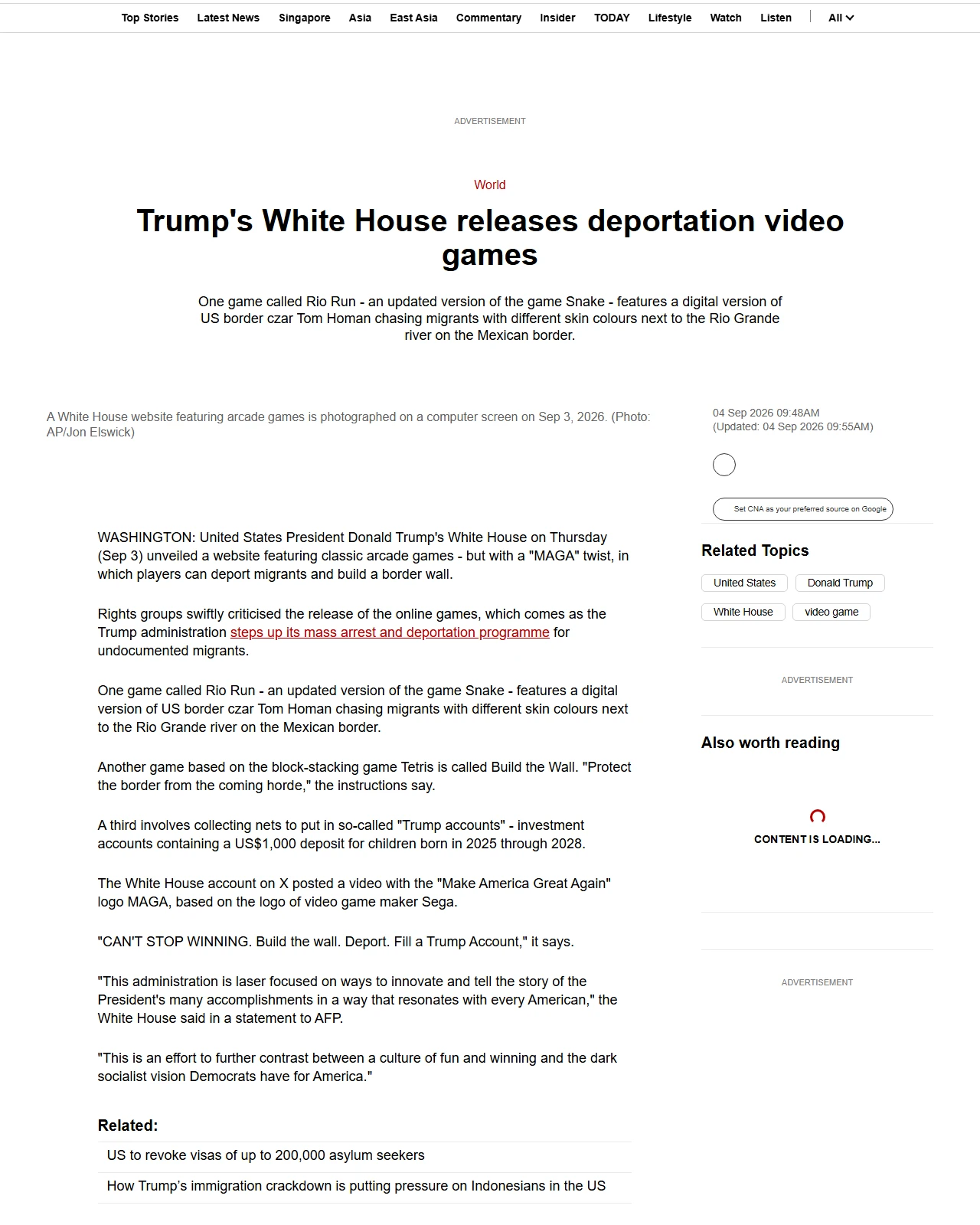 channelnewsasia.com as published: Trump's White House releases deportation video games