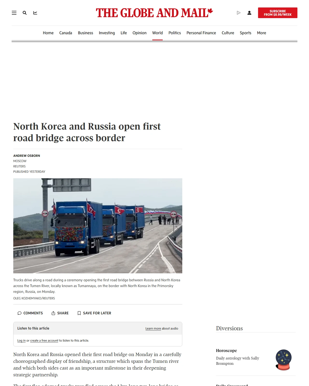 theglobeandmail.com as published: North Korea and Russia open first road bridge across border