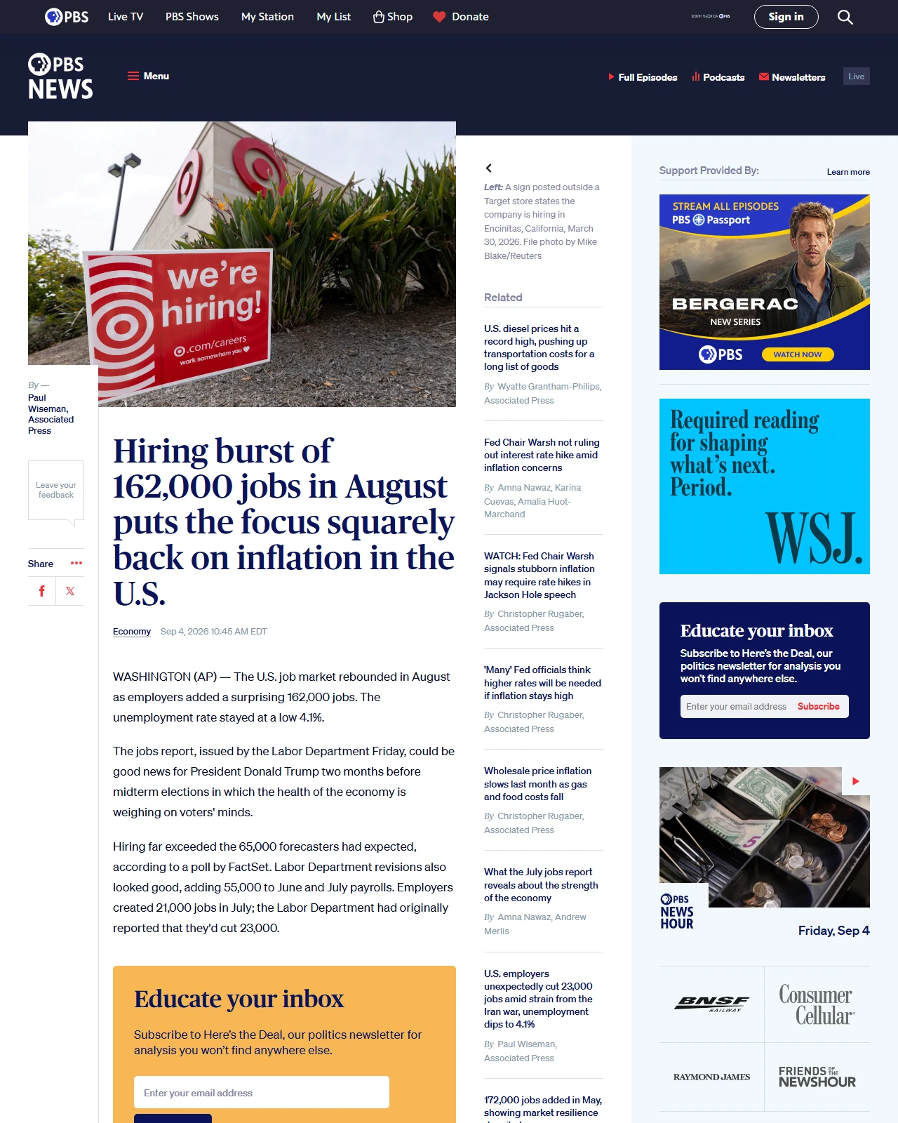 pbs.org as published: Hiring burst of 162,000 jobs in August puts the focus squarely back on inflation in the U.S.