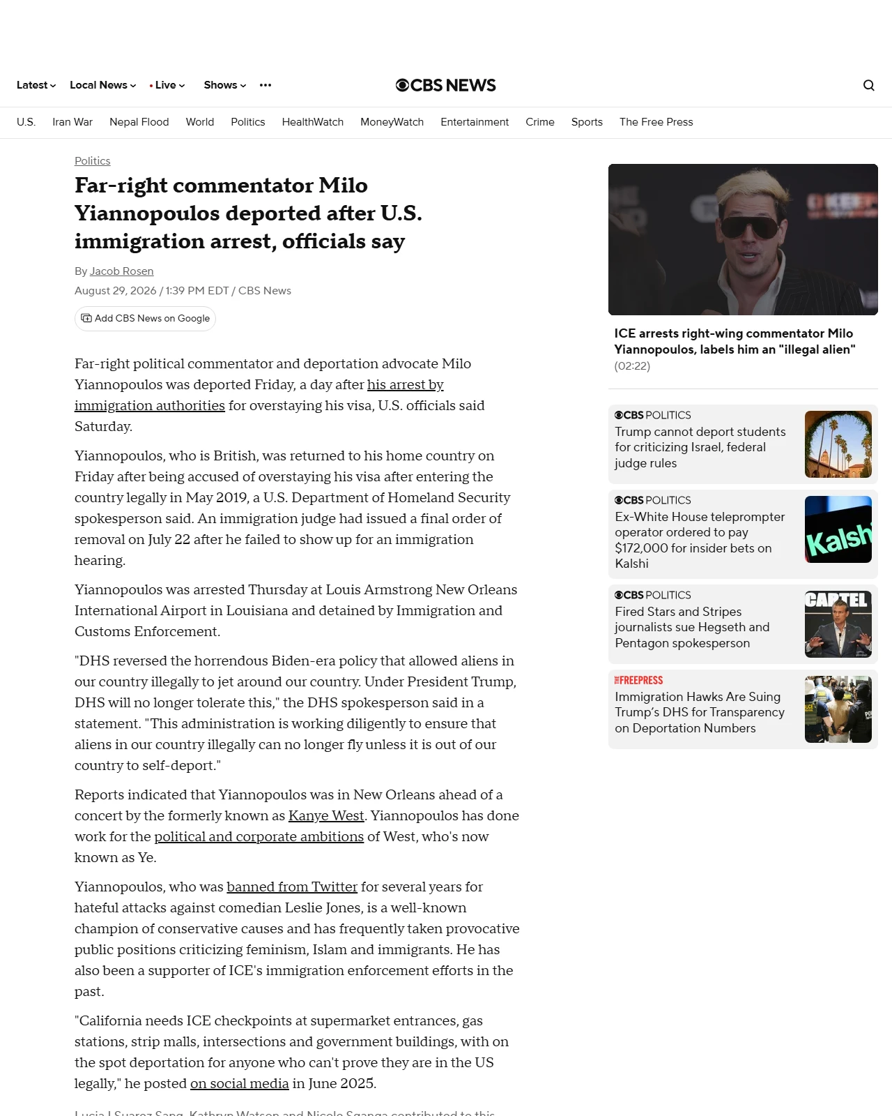 cbsnews.com as published: Far-right commentator Milo Yiannopoulos deported after U.S. immigration arrest, officials say