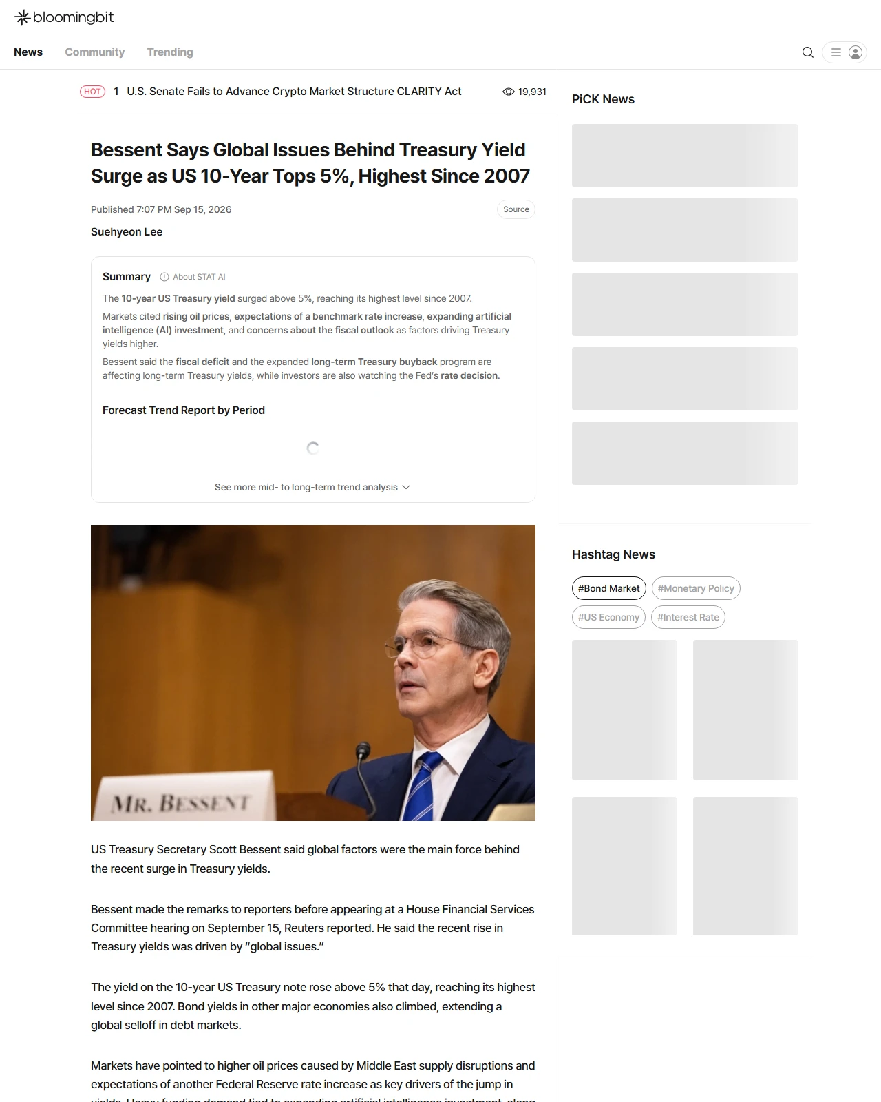 en.bloomingbit.io as published: Bessent Says Global Issues Behind Treasury Yield Surge as US 10-Year Tops 5%, Highest Since 2007