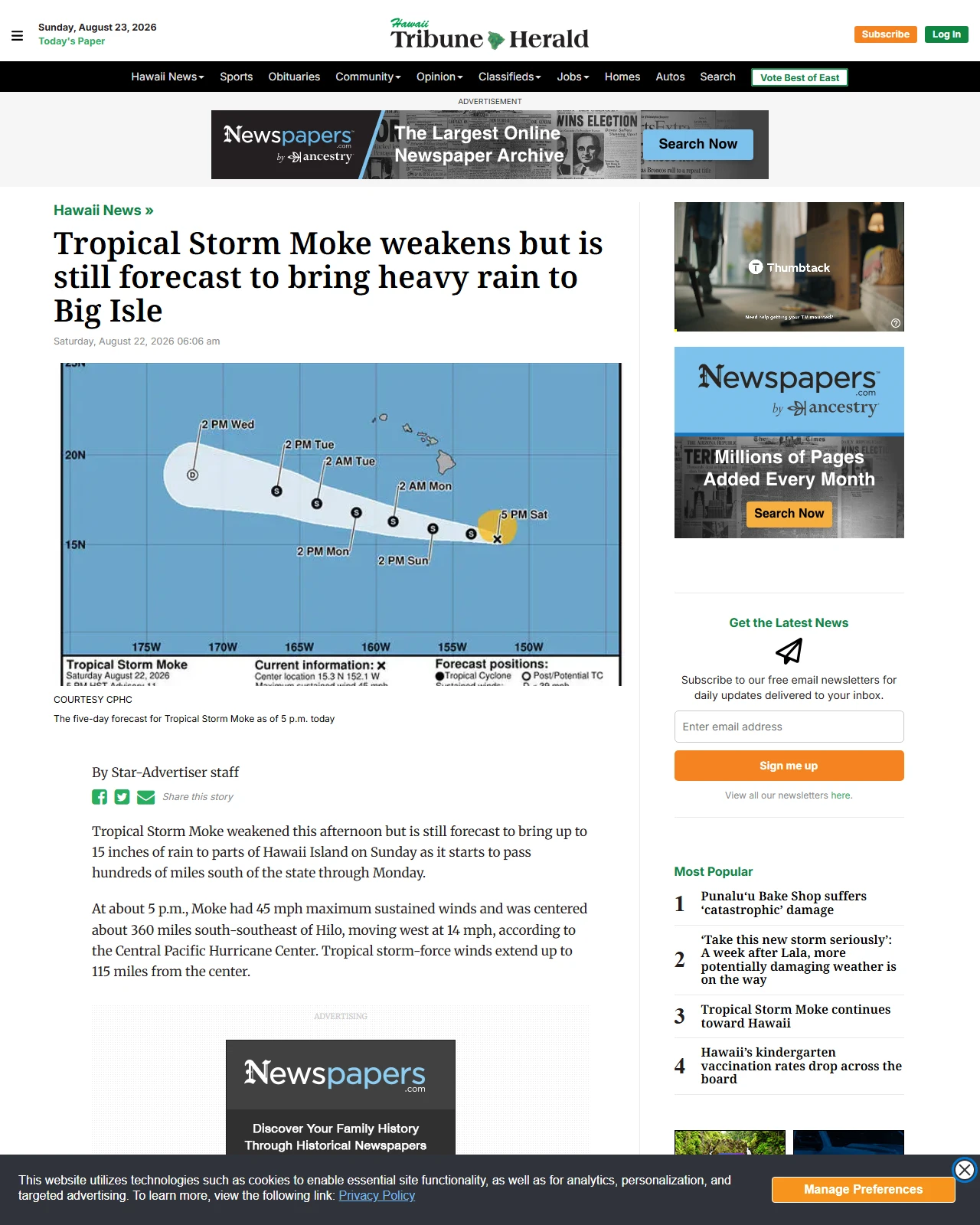 hawaiitribune-herald.com as published: Tropical Storm Moke weakens but is still forecast to bring heavy rain to Big Isle - Hawaii Tribune-Herald