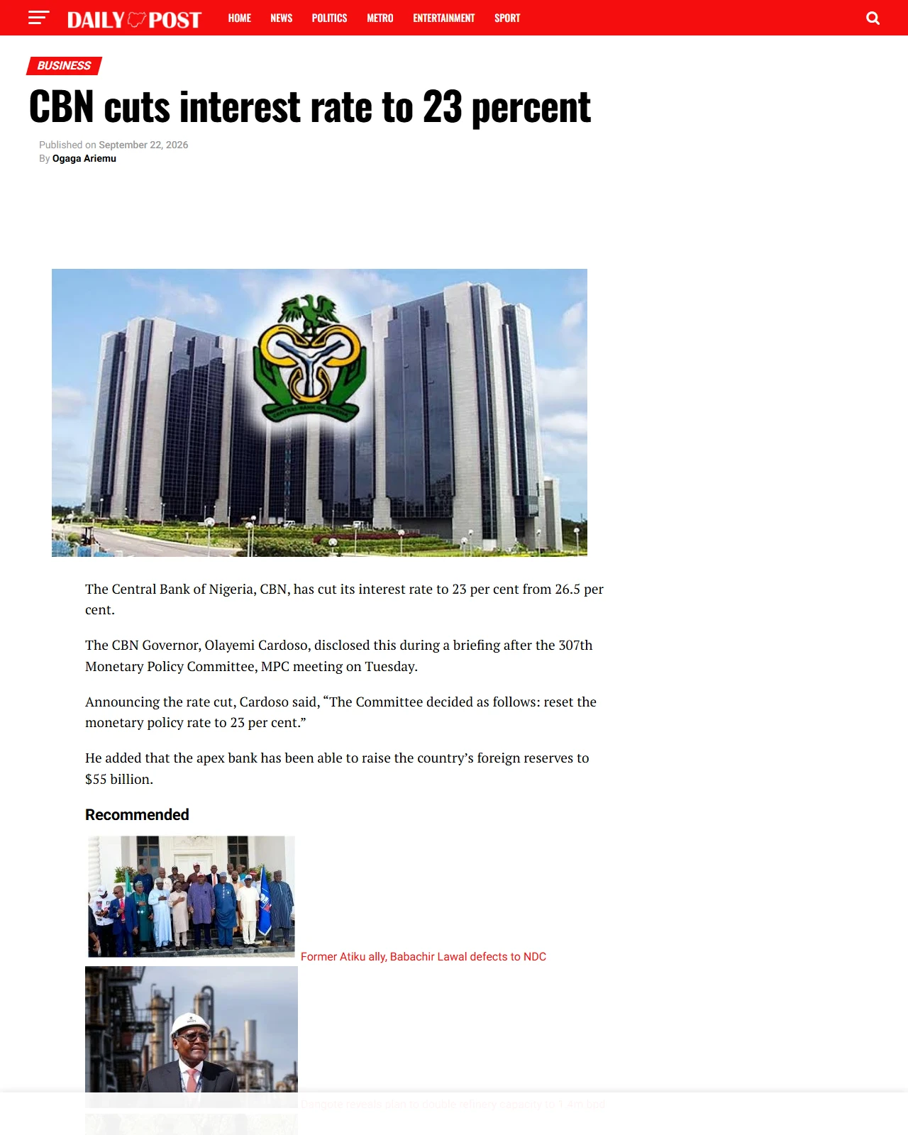 dailypost.ng as published: BREAKING: CBN cuts interest rate to 23 percent
