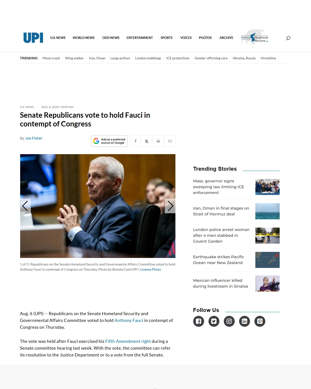 upi.com as published: Senate Republicans vote to hold Fauci in contempt of Congress