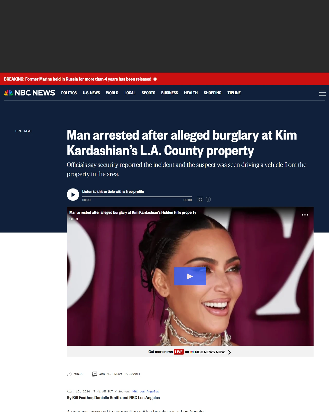 nbcnews.com as published: Man arrested after alleged burglary at Kim Kardashian’s L.A. County property