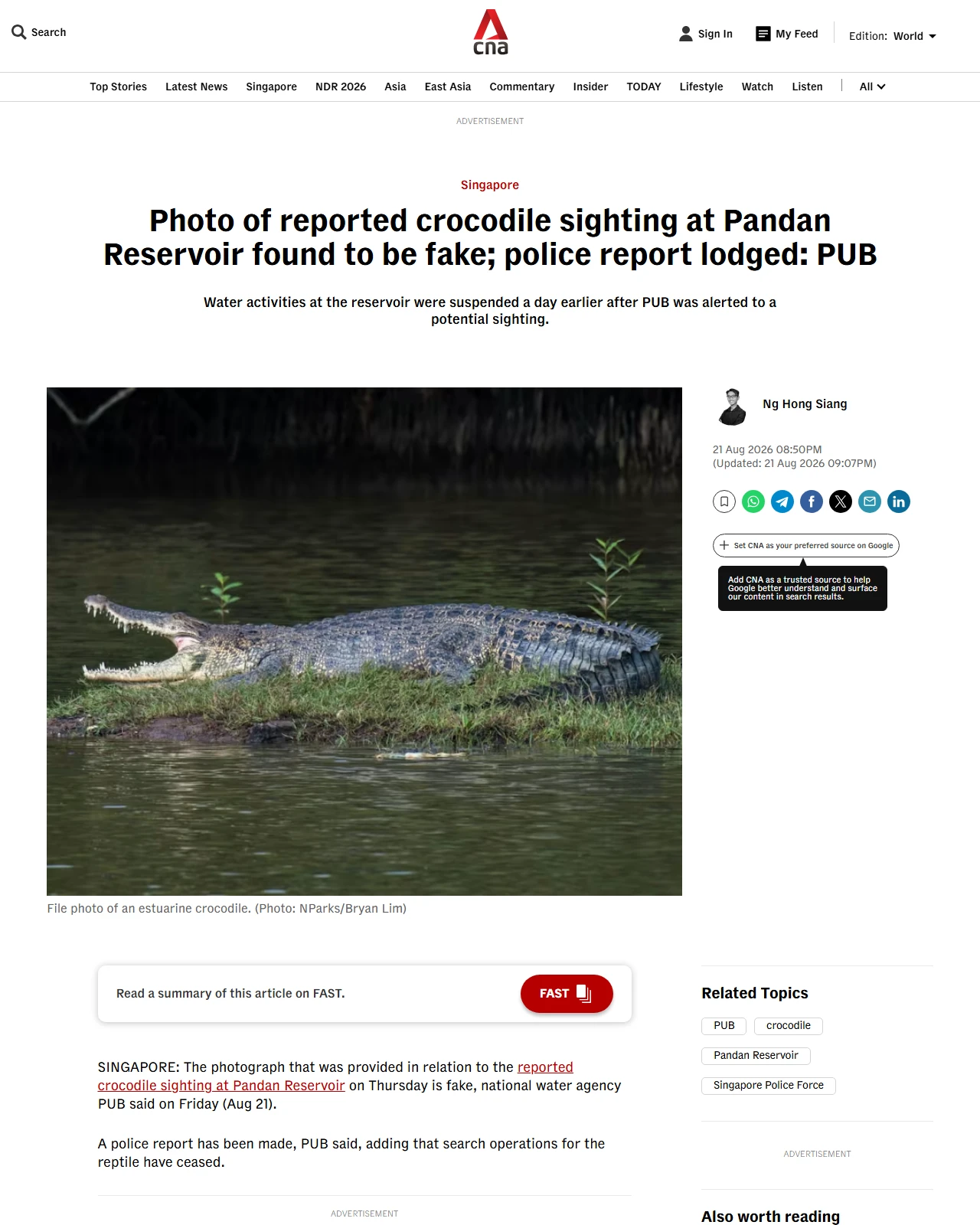 channelnewsasia.com as published: Photo of reported crocodile sighting at Pandan Reservoir found to be fake; police report lodged: PUB