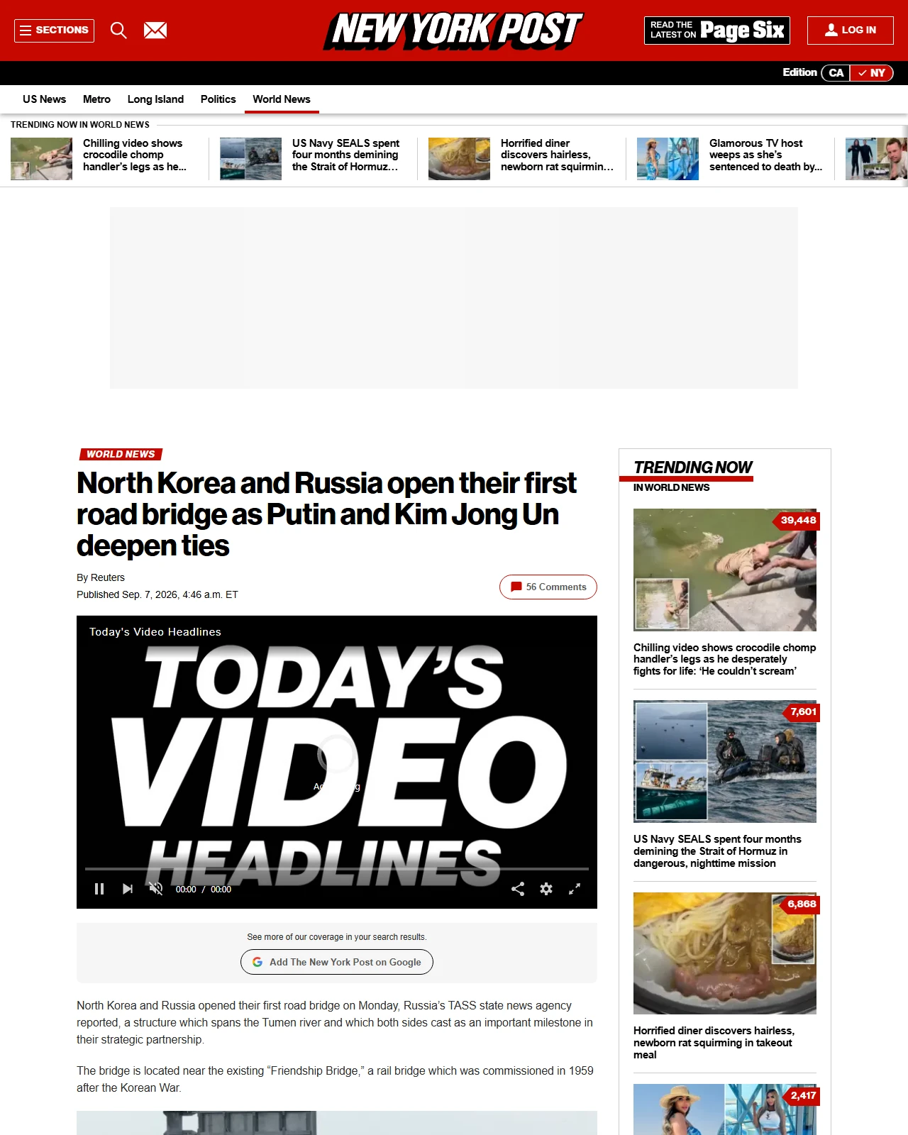 nypost.com as published: North Korea and Russia open their first road bridge as Putin and Kim Jong Un deepen ties