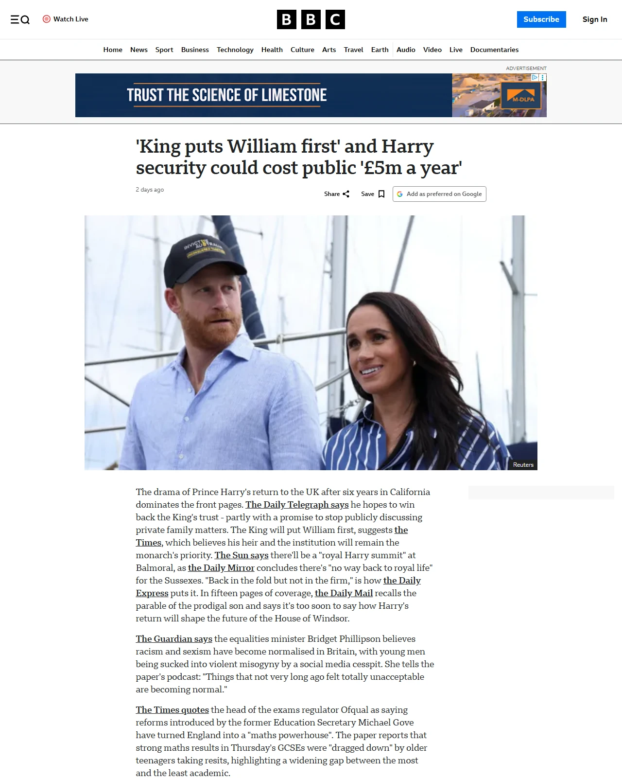 bbc.com as published: 'King puts William first' and Harry security could cost public '£5m a year'