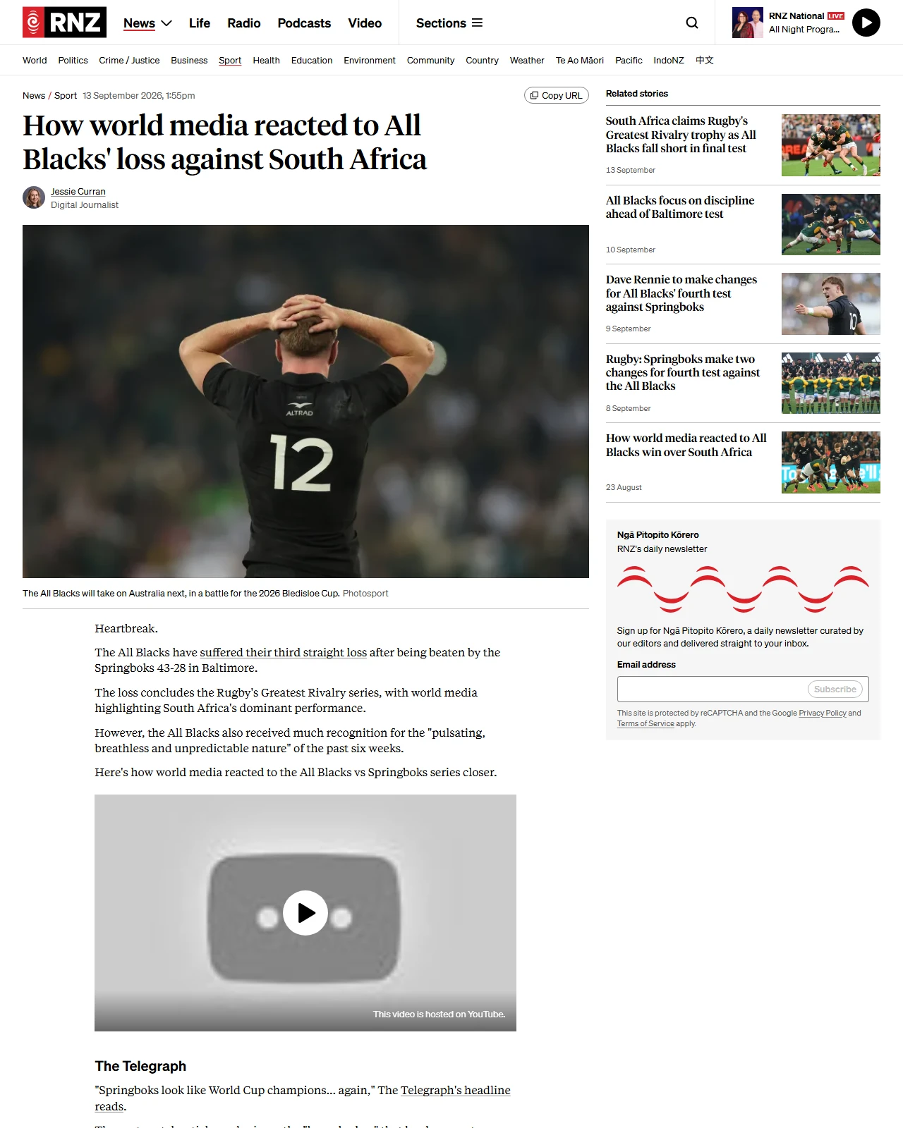 rnz.co.nz as published: How world media reacted to All Blacks' loss against South Africa