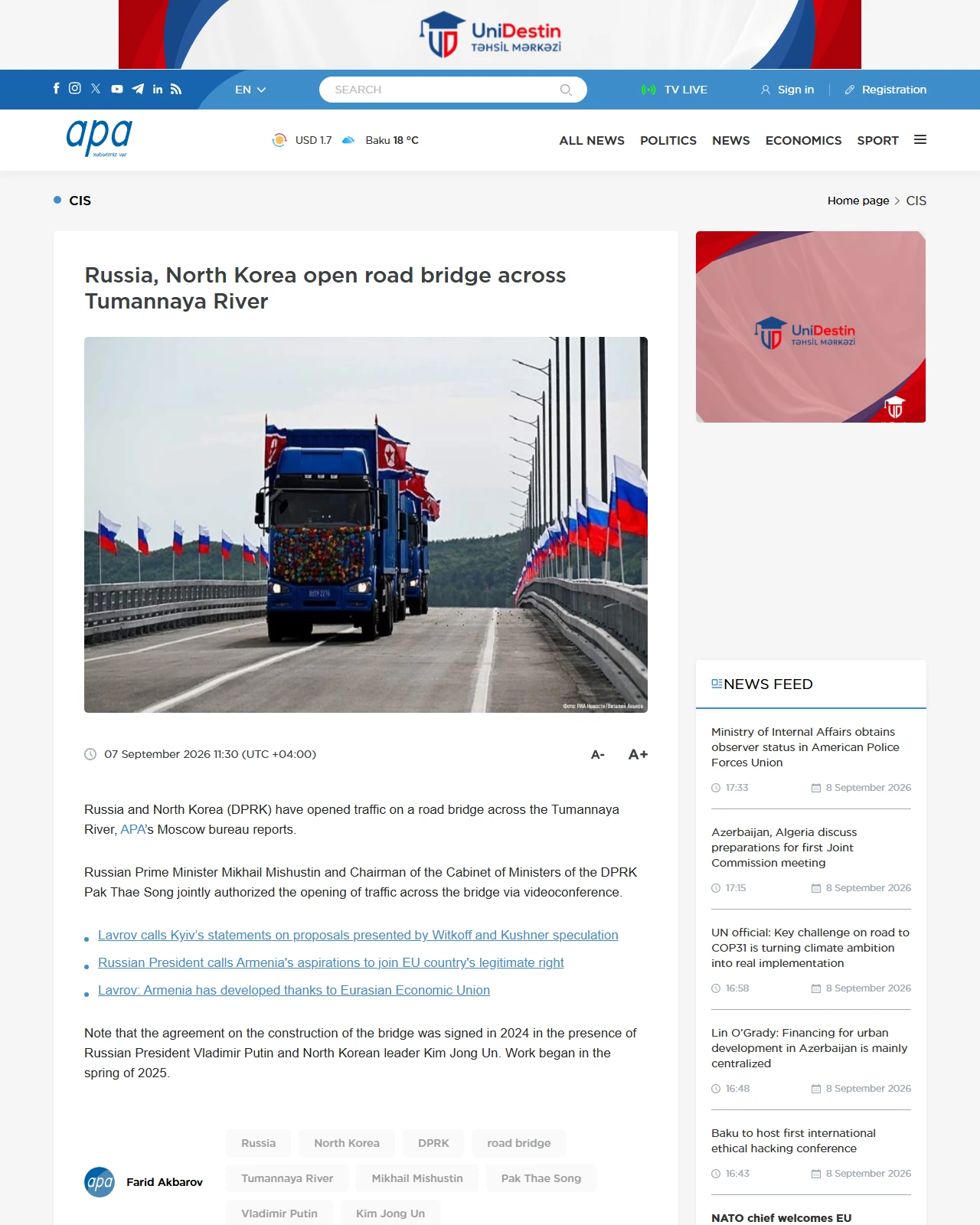 en.apa.az as published: Russia, North Korea open road bridge across Tumannaya River