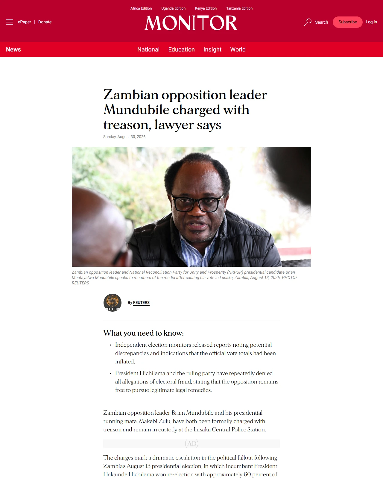 monitor.co.ug as published: Zambian opposition leader Mundubile charged with treason, lawyer says