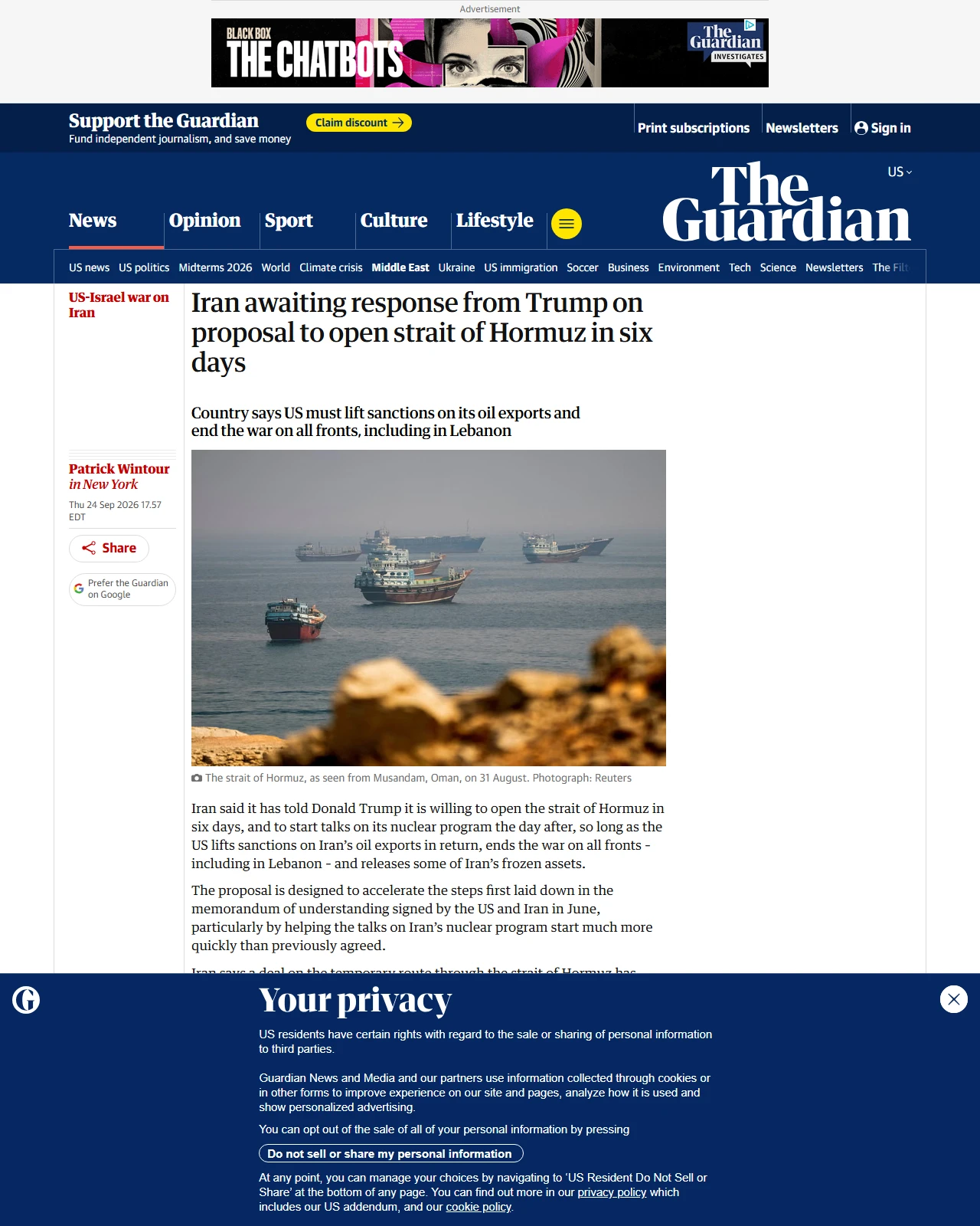 theguardian.com as published: Iran awaiting response from Trump on proposal to open strait of Hormuz in six days