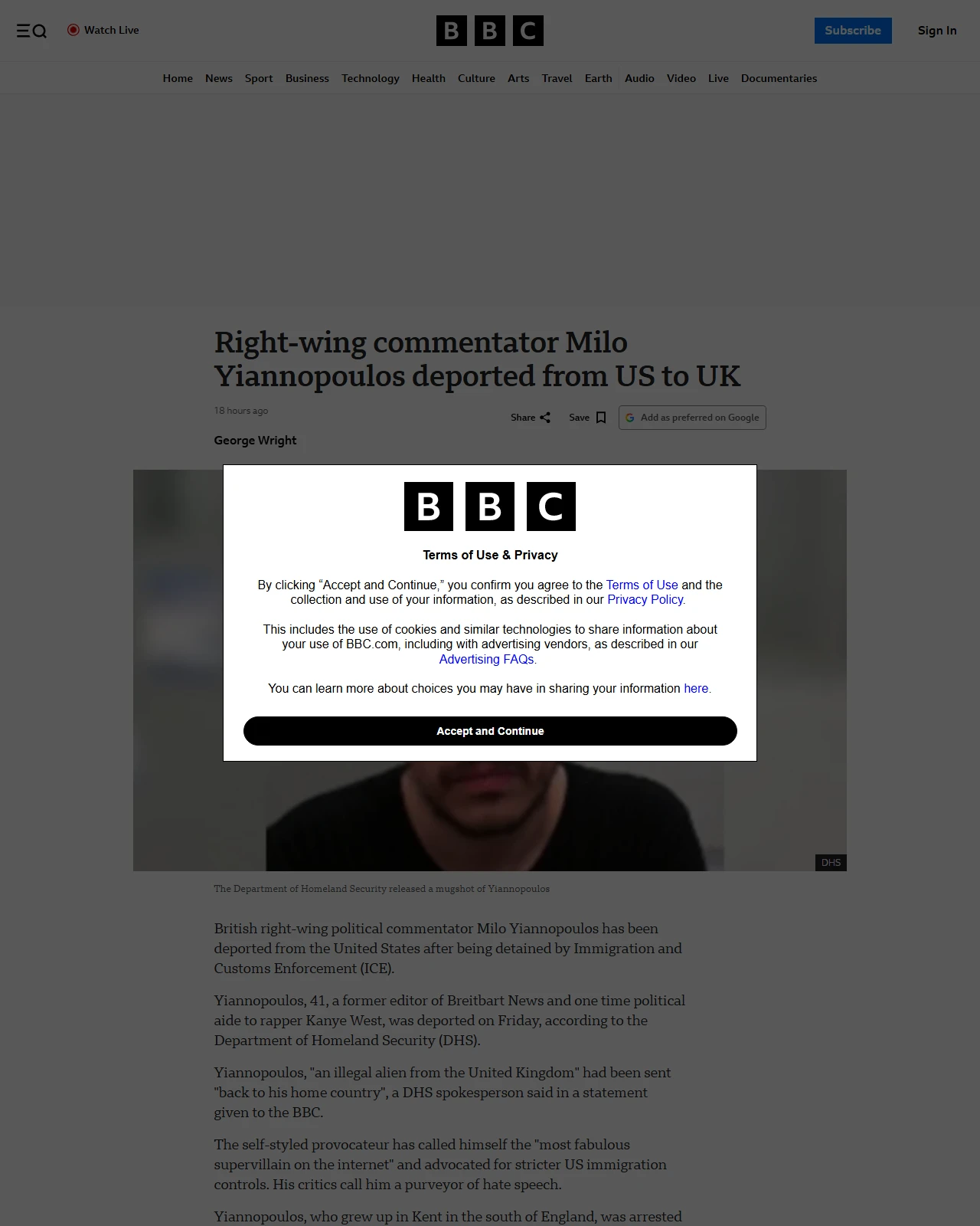 bbc.com as published: Right-wing commentator Milo Yiannopoulos deported from US to UK