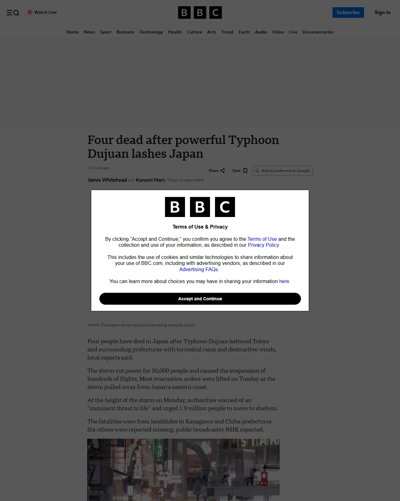 bbc.co.uk as published: Four dead after powerful Typhoon Dujuan lashes Japan