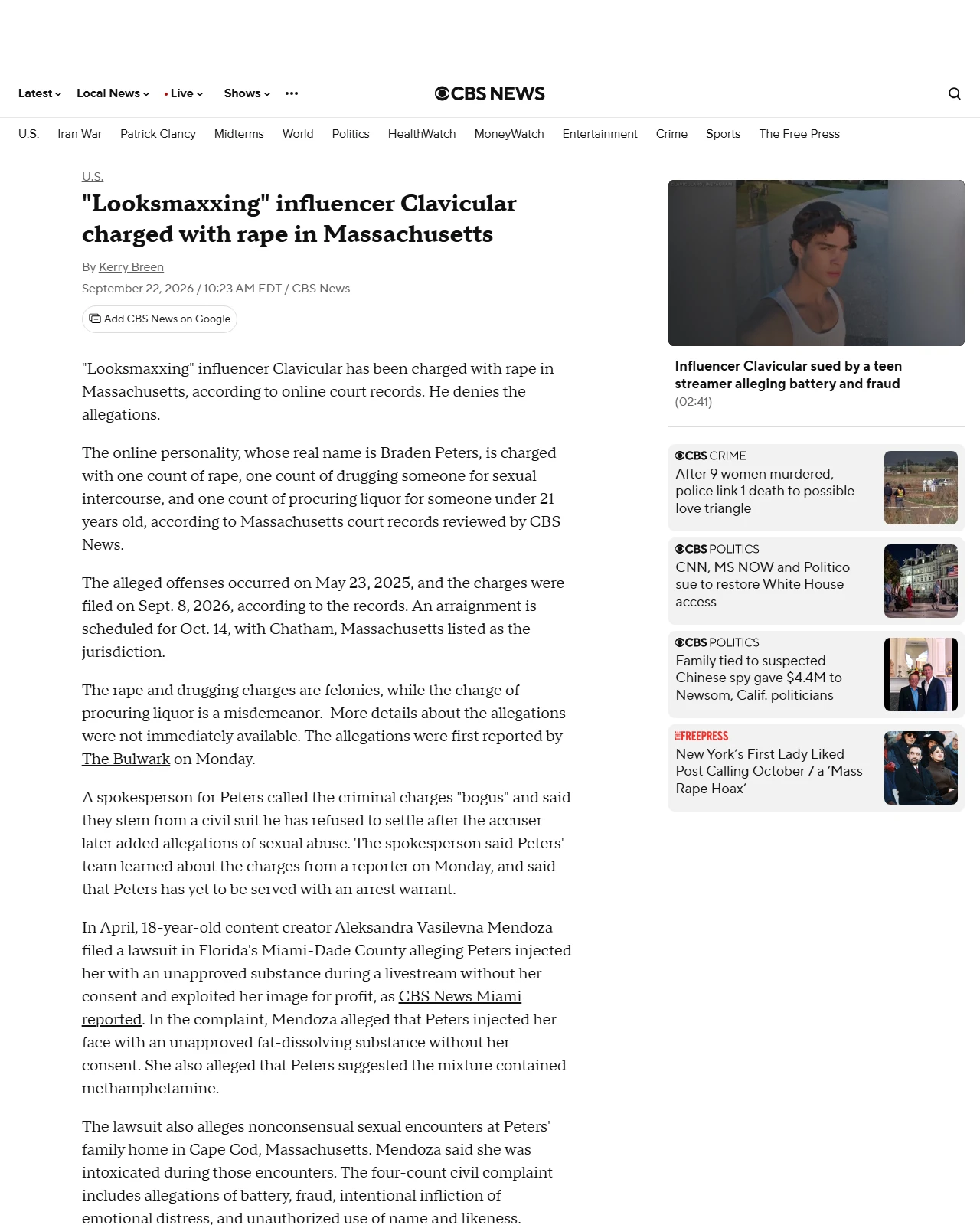 cbsnews.com as published: "Looksmaxxing" influencer Clavicular charged with rape in Massachusetts