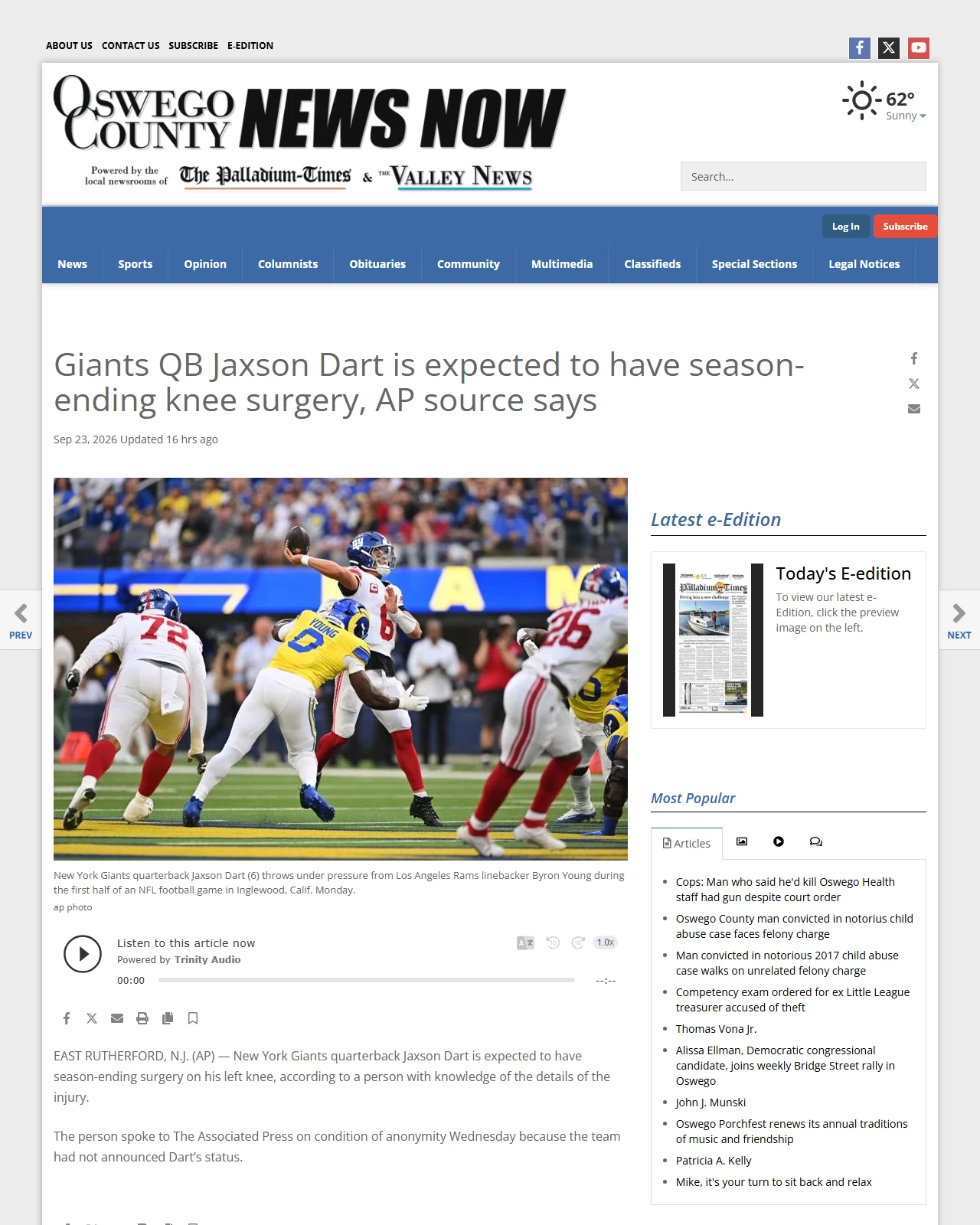 oswegocountynewsnow.com as published: Giants QB Jaxson Dart is expected to have season-ending knee surgery, AP source says