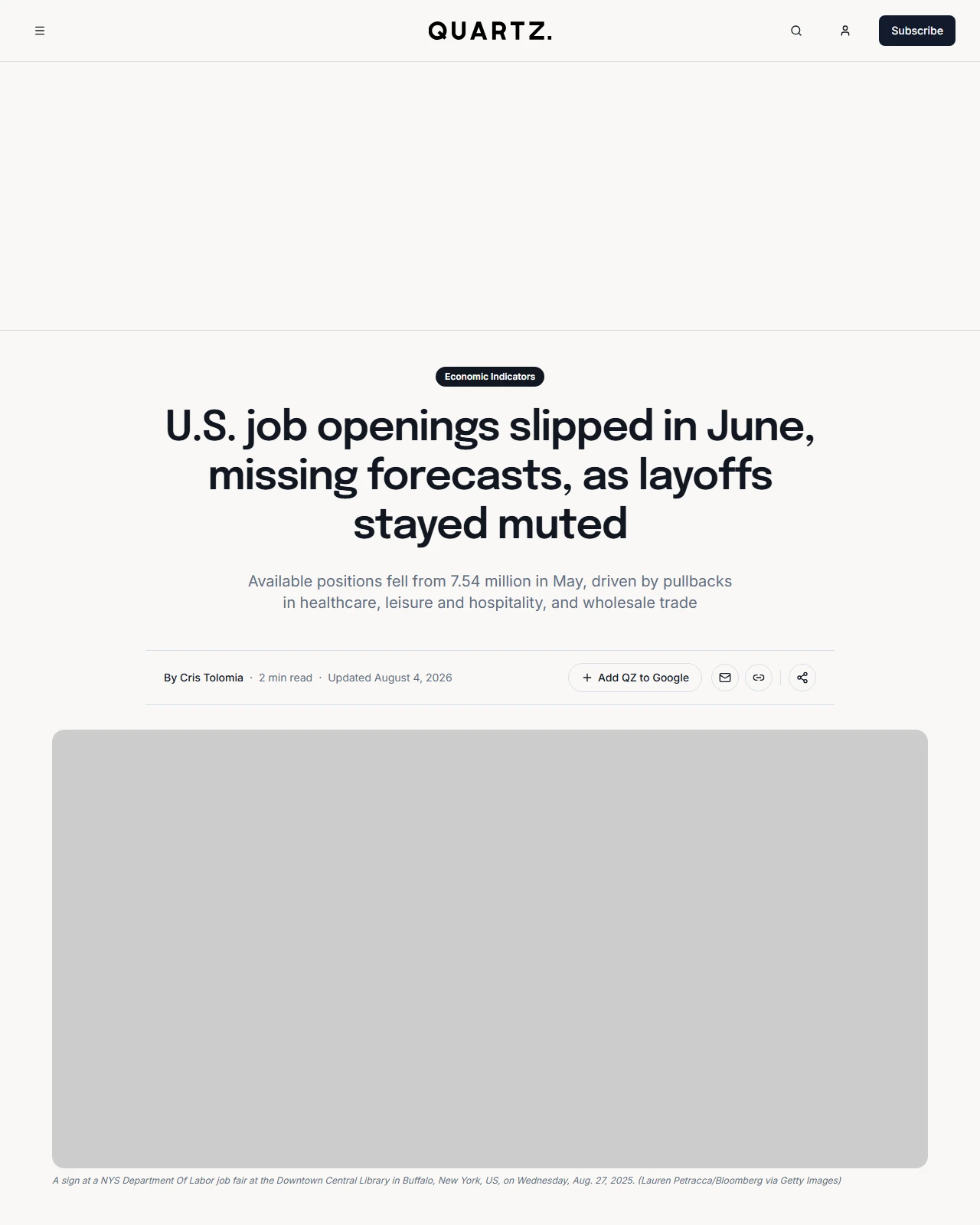 qz.com as published: U.S. job openings fell in June 2026, layoffs unchanged: JOLTS