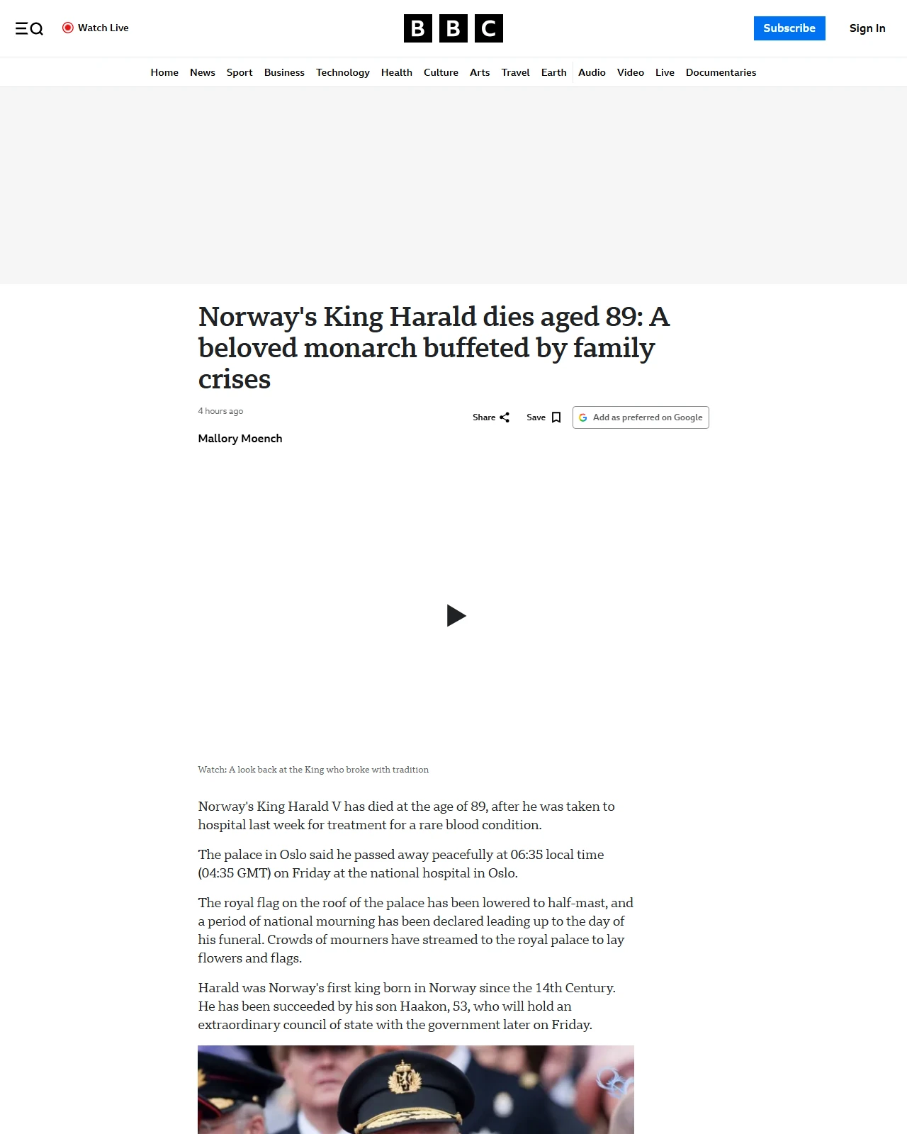 bbc.co.uk as published: Norway's King Harald dies aged 89: A beloved monarch buffeted by family crises