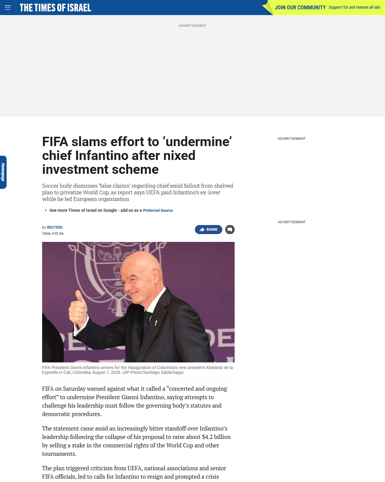 timesofisrael.com as published: FIFA slams effort to ‘undermine’ chief Infantino after nixed investment scheme