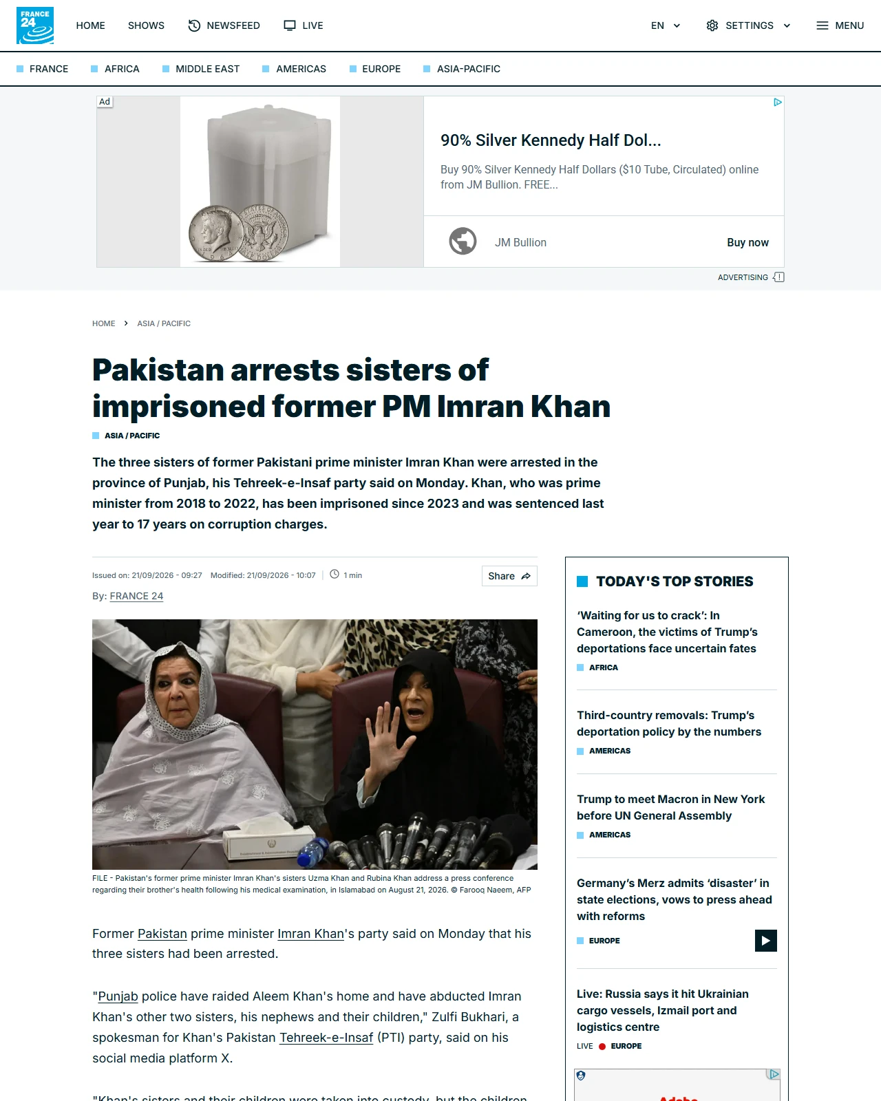 s.france24.com as published: Pakistan arrests sisters of imprisoned former PM Imran Khan