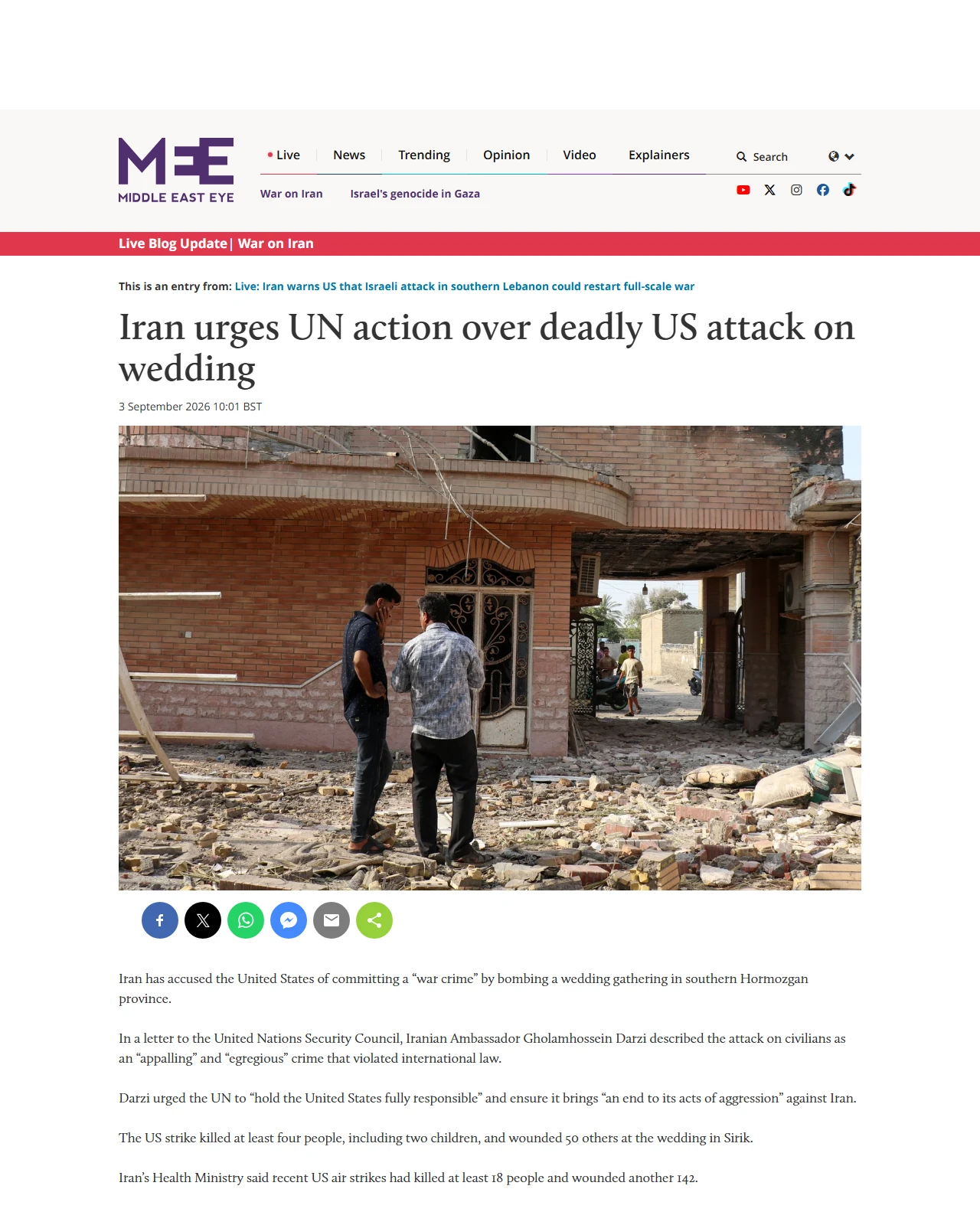 middleeasteye.net as published: Iran urges UN action over deadly US attack on wedding