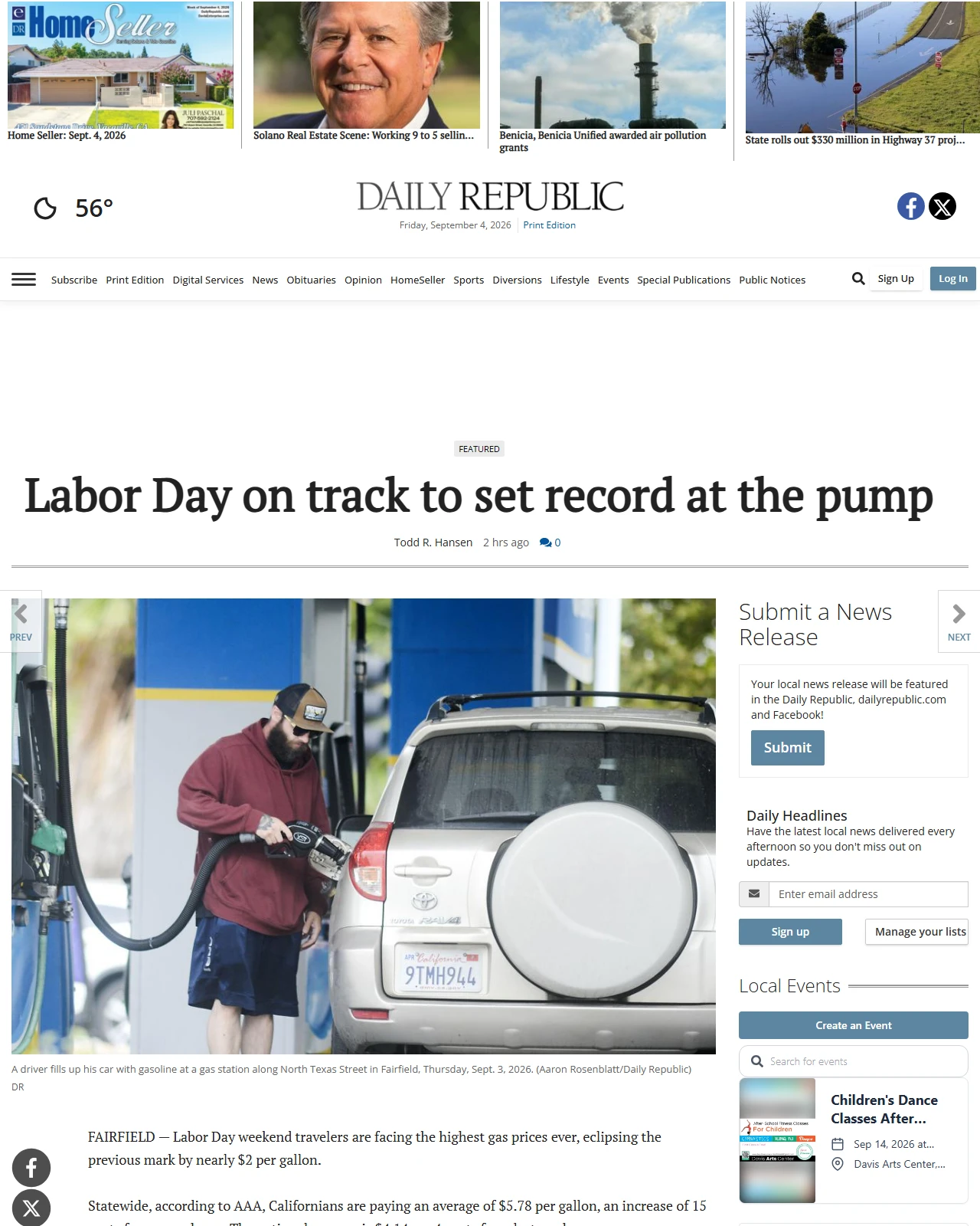 dailyrepublic.com as published: Labor Day on track to set record at the pump