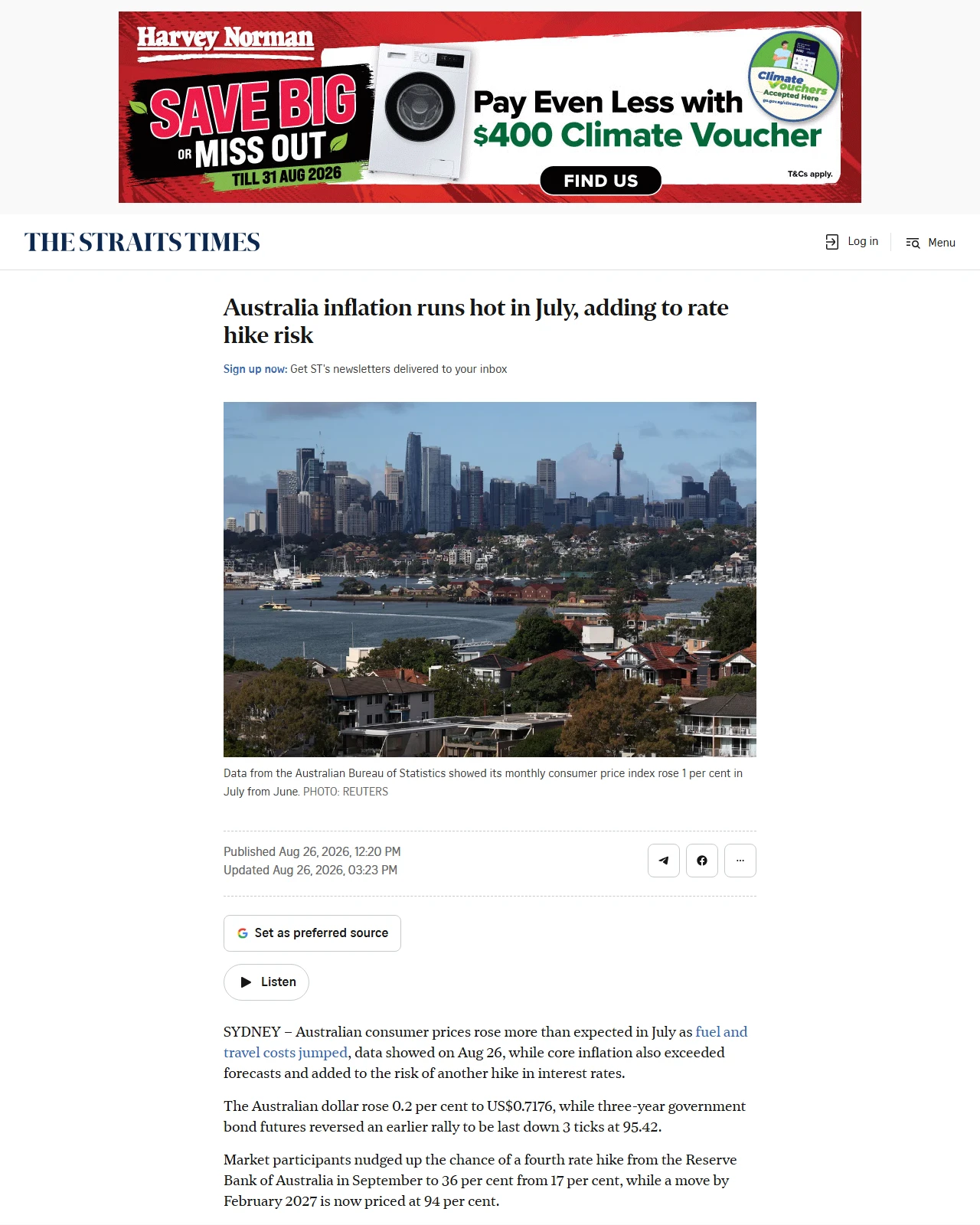 straitstimes.com as published: Australia inflation runs hot in July, adding to rate hike risk