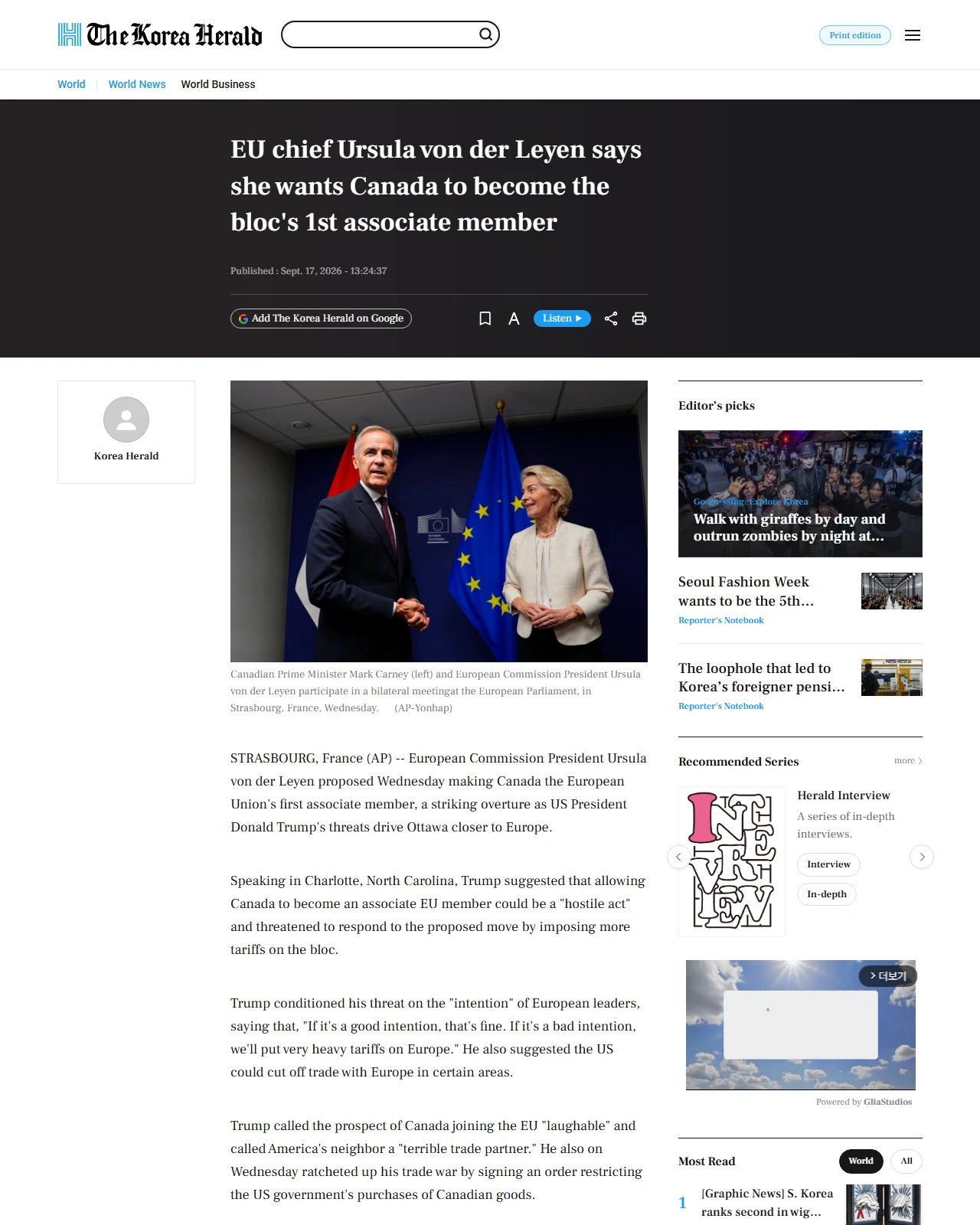 koreaherald.com as published: EU chief Ursula von der Leyen says she wants Canada to become the bloc's 1st associate member
