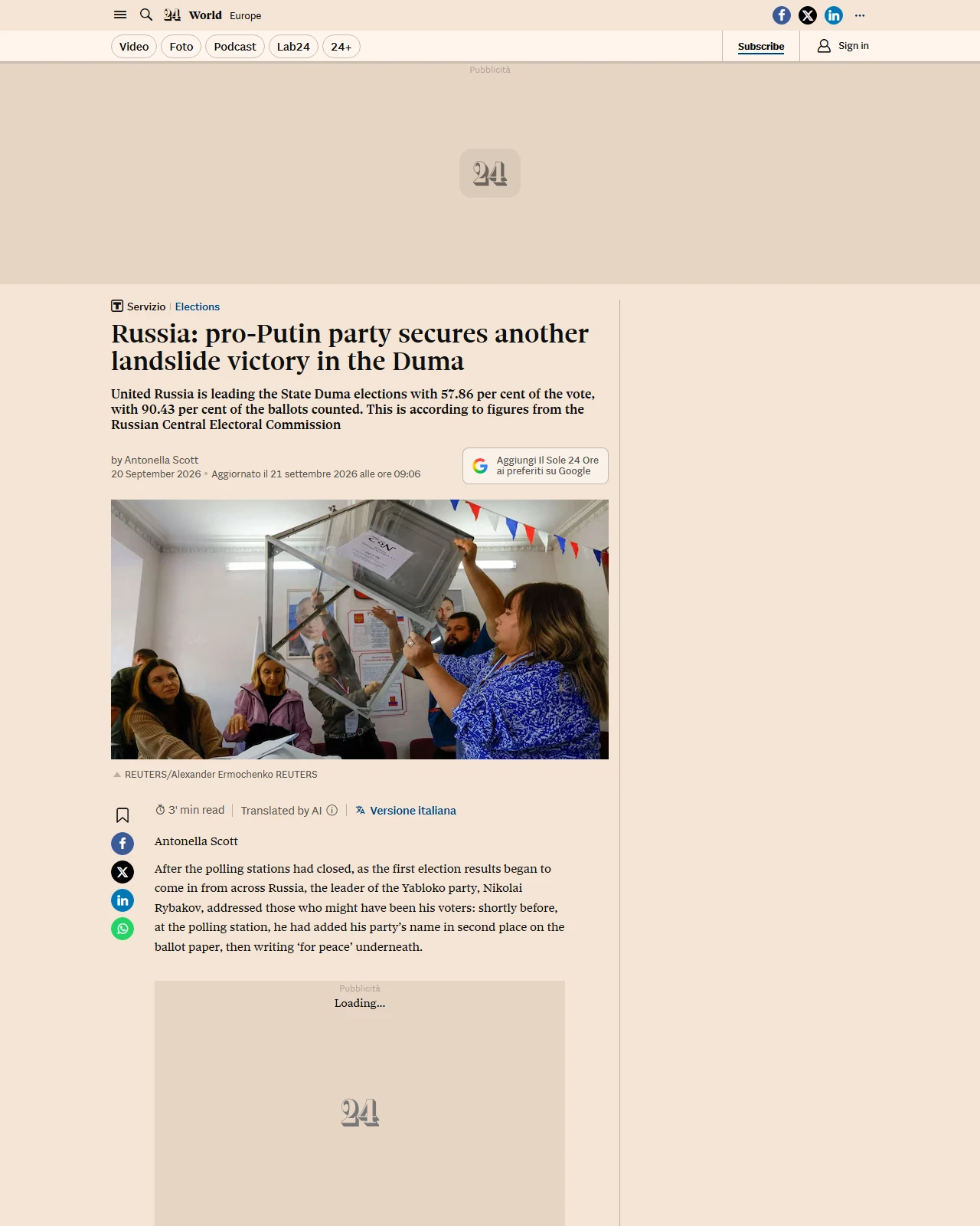 en.ilsole24ore.com as published: Russia: pro-Putin party secures another landslide victory in the Duma