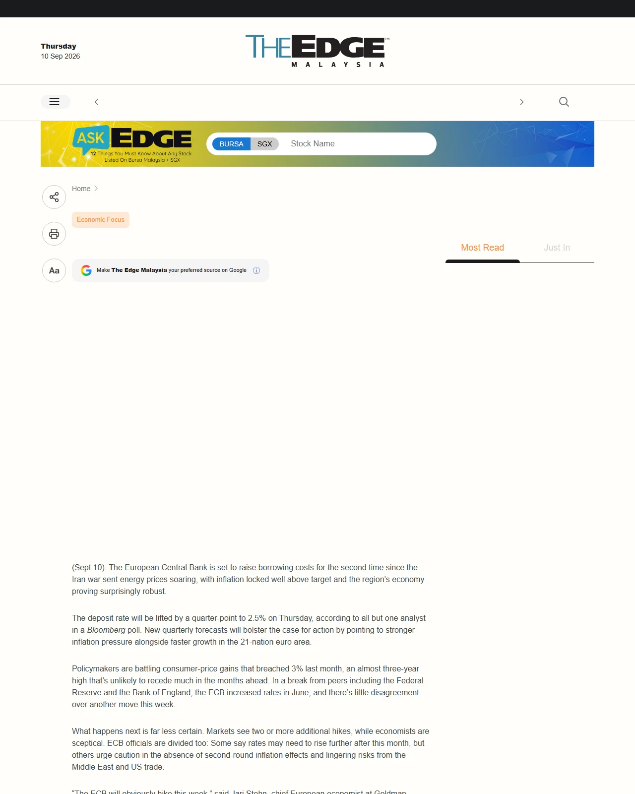 theedgemalaysia.com as published: ECB to hike interest rates again as Iran war fans inflation