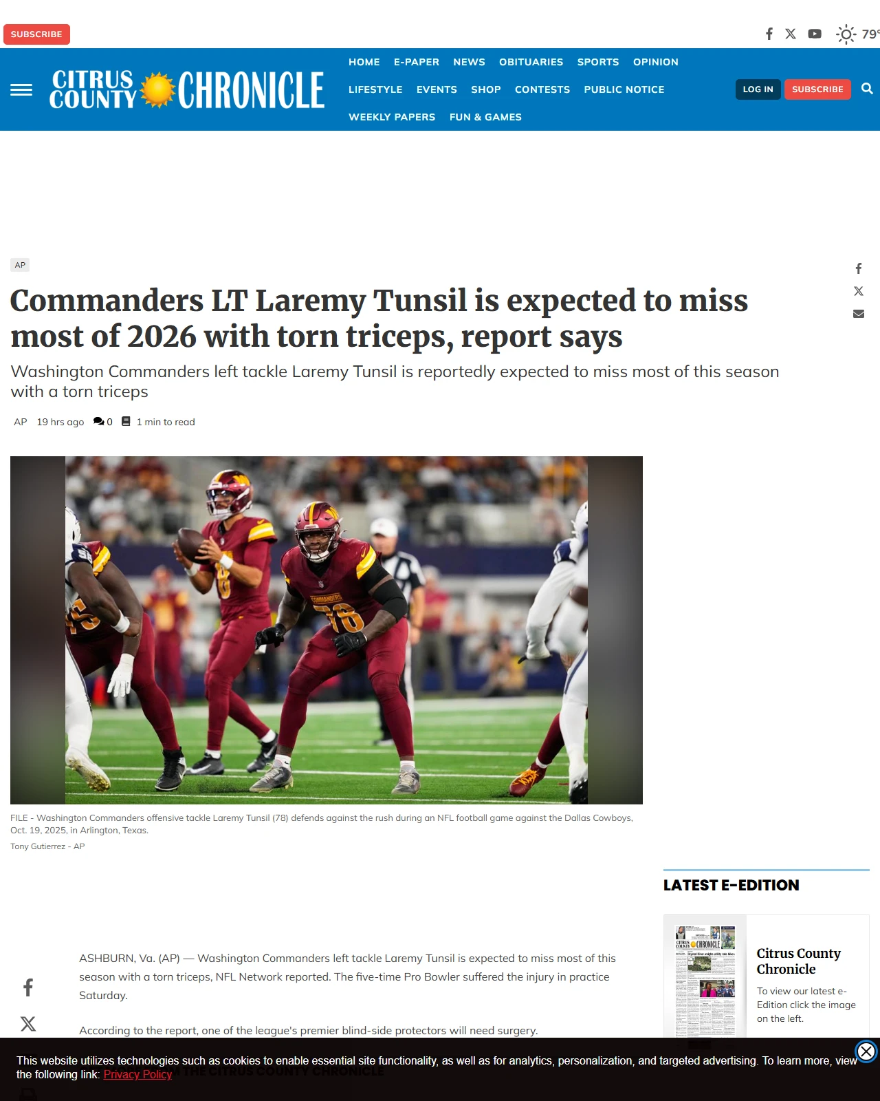 chronicleonline.com as published: Commanders LT Laremy Tunsil is expected to miss most of 2026 with torn triceps, report says