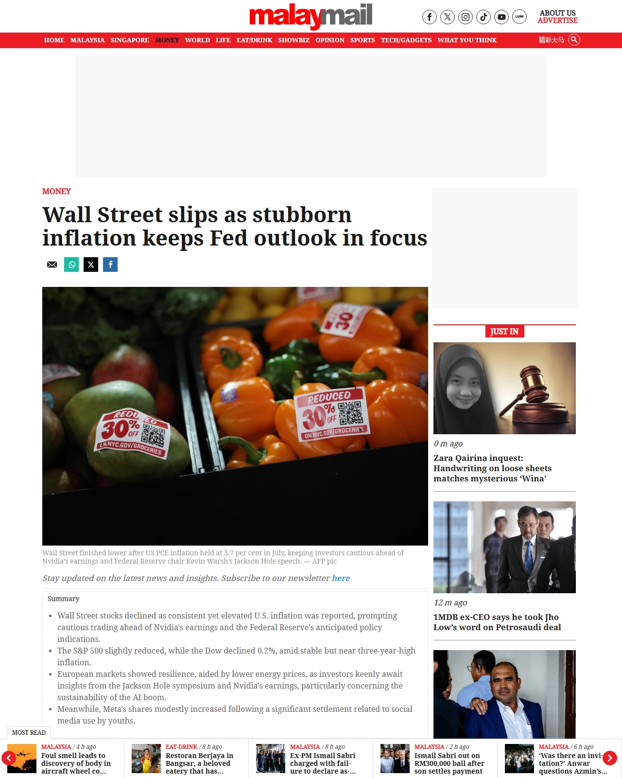 malaymail.com as published: Wall Street slips as stubborn inflation keeps Fed outlook in focus