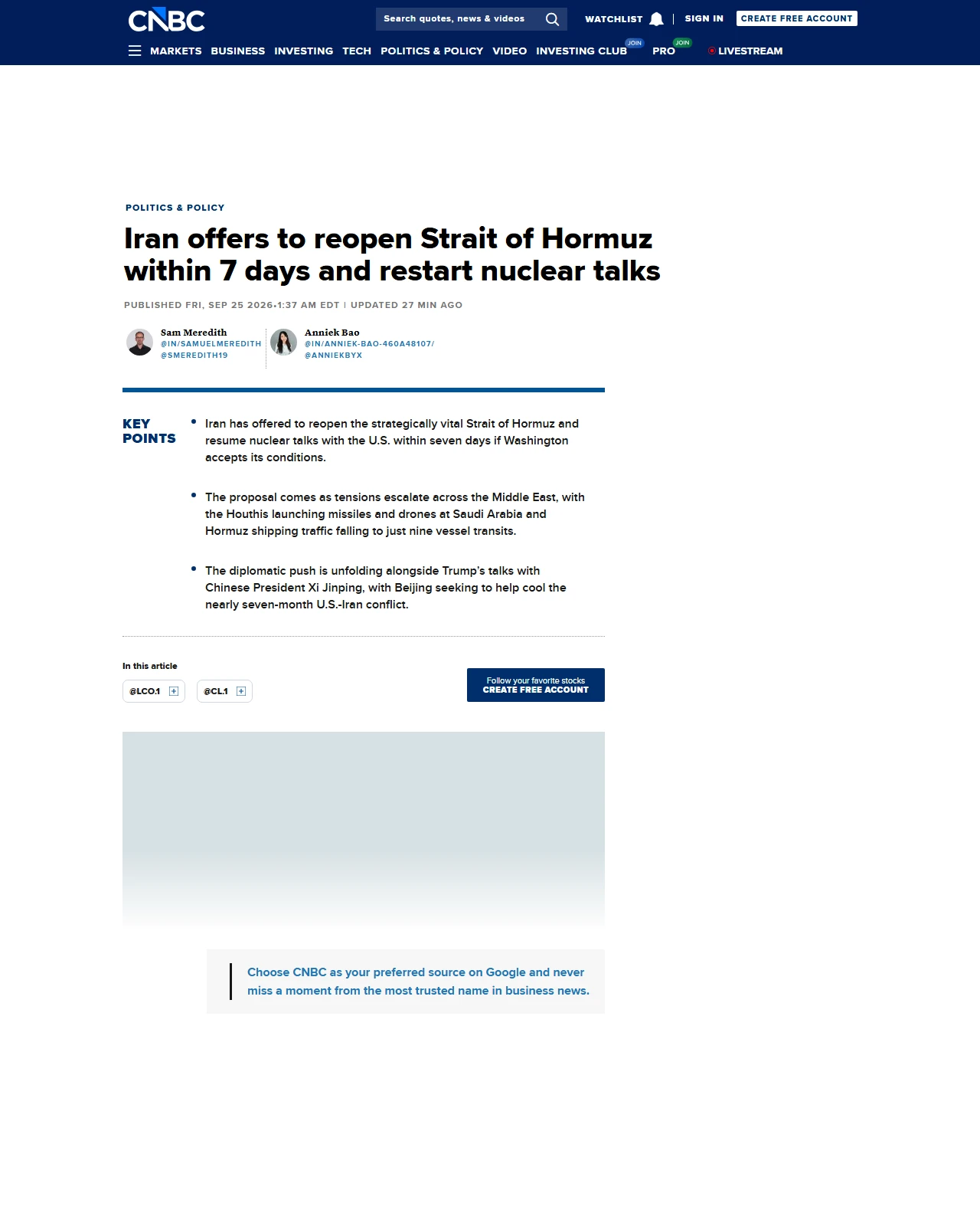 cnbc.com as published: Iran offers to reopen Strait of Hormuz within 7 days and restart nuclear talks