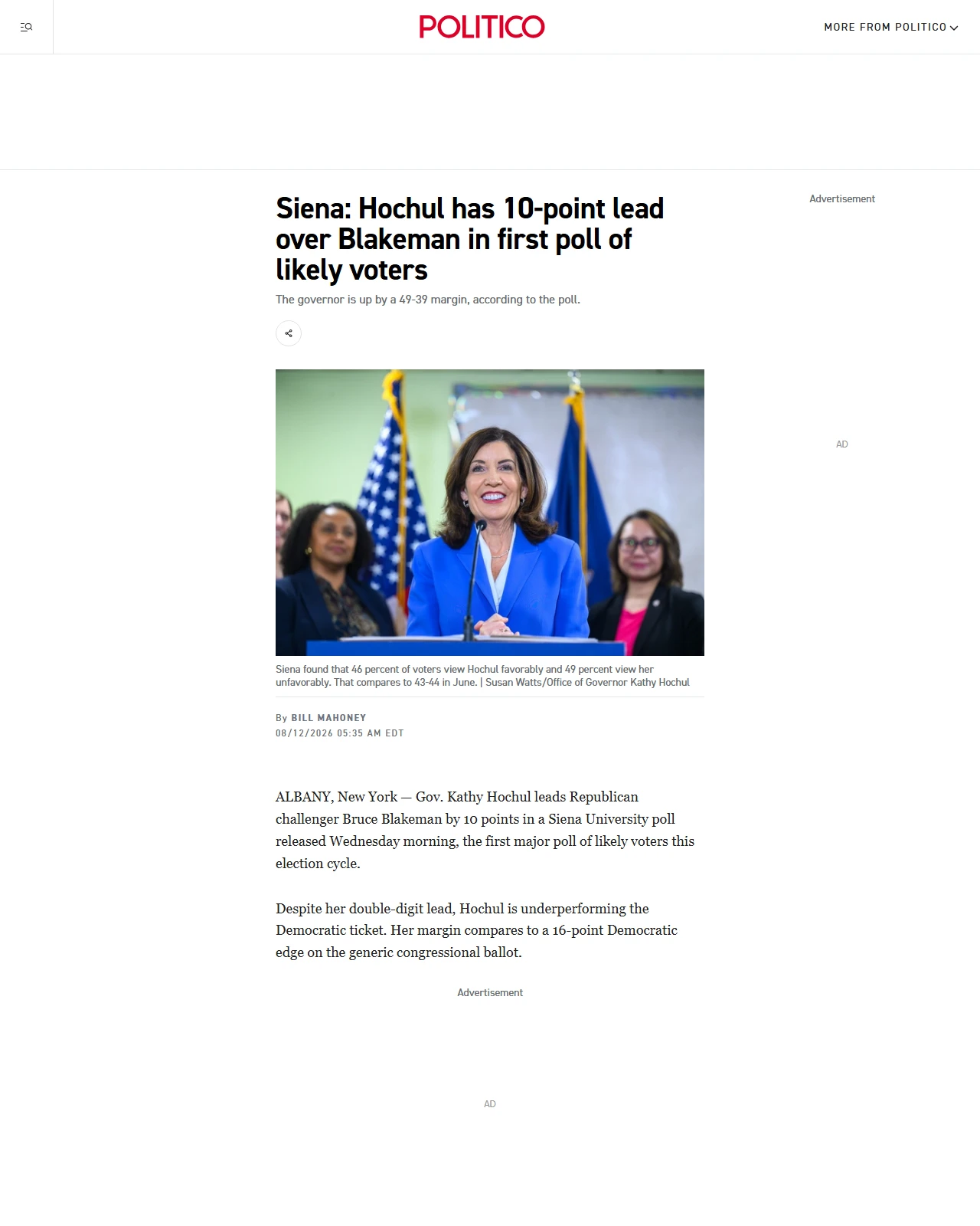 politico.com as published: Siena: Hochul has 10-point lead over Blakeman in first poll of likely voters