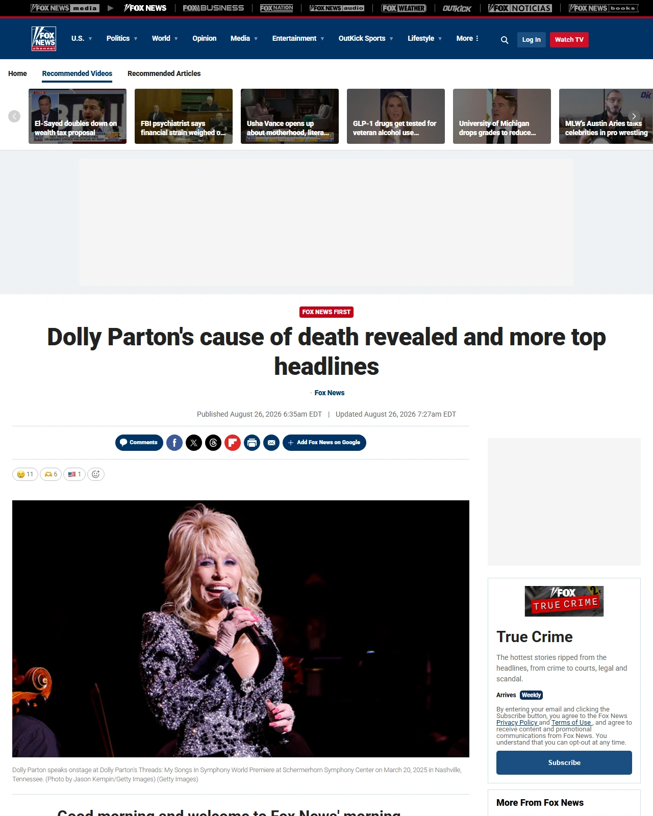 foxnews.com as published: Dolly Parton's cause of death revealed and more top headlines