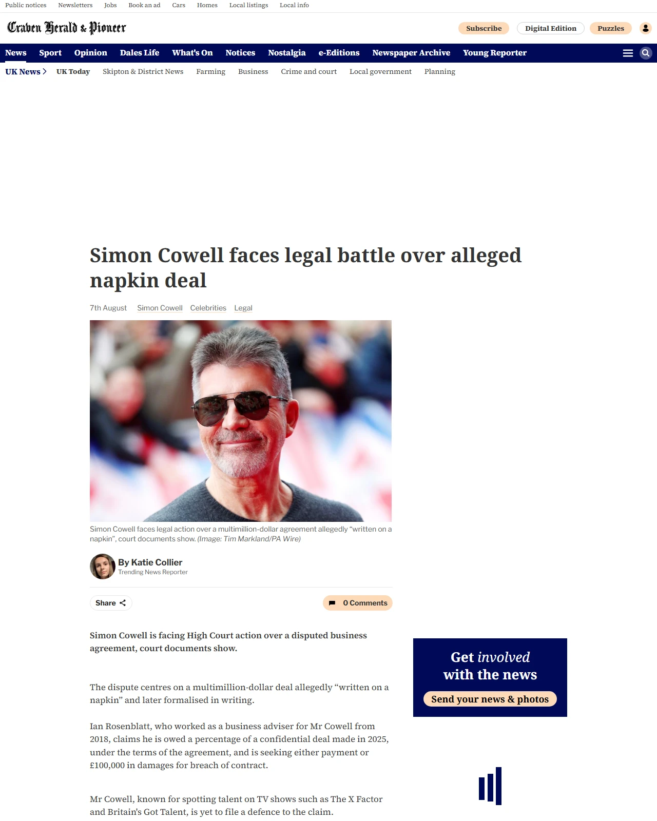 cravenherald.co.uk as published: Simon Cowell faces legal fight over alleged ‘napkin deal’, court documents show