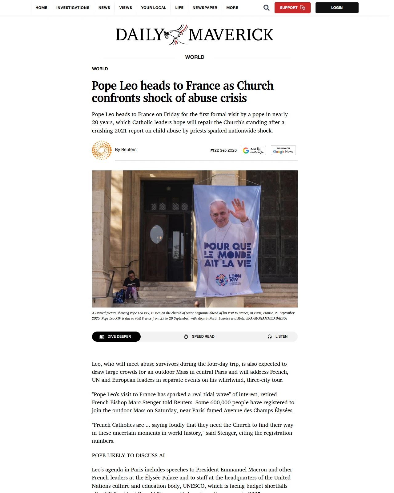 dailymaverick.co.za as published: Pope Leo heads to France as Church confronts shock of abuse crisis