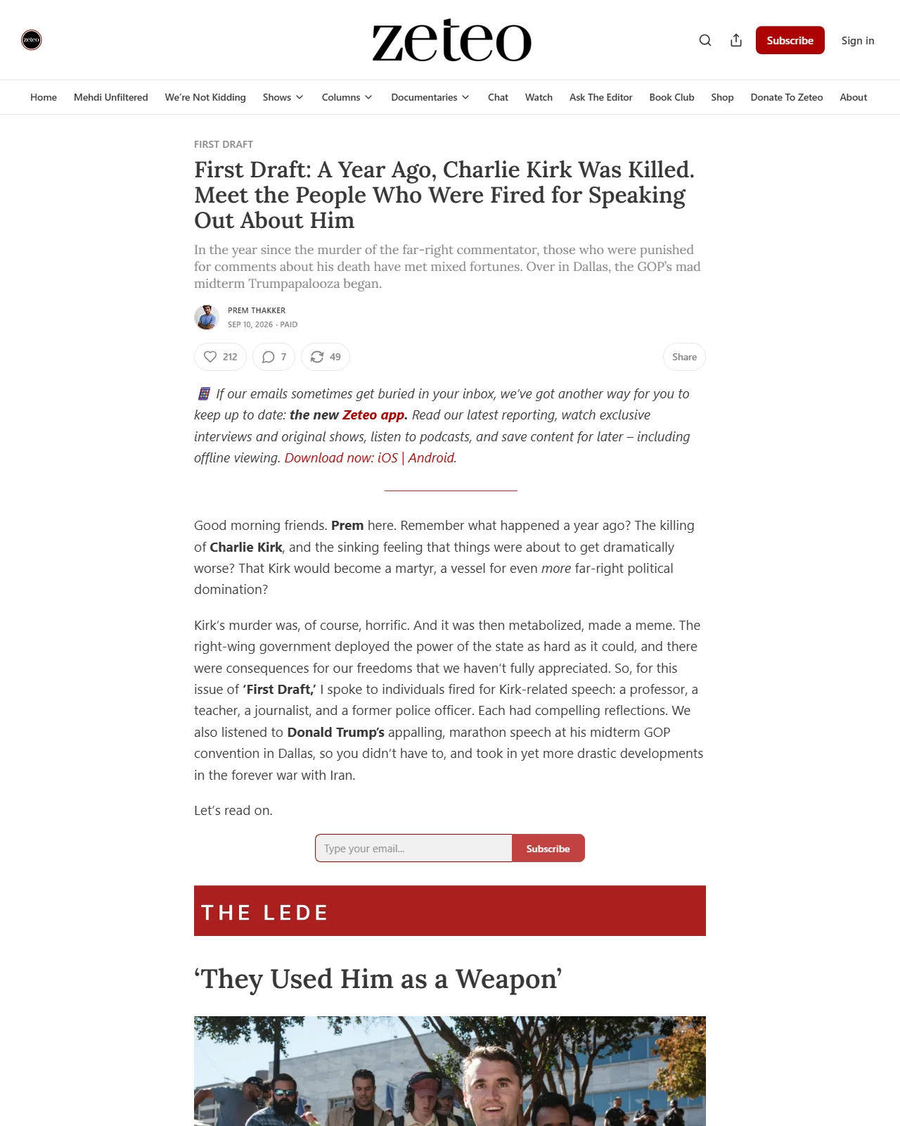 zeteo.com as published: First Draft: A Year Ago, Charlie Kirk Was Killed. Meet the People Who Were Fired for Speaking Out About Him