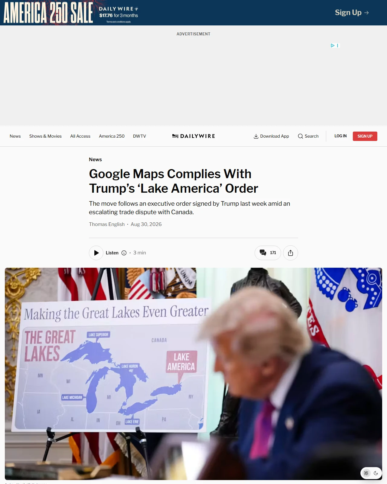 dailywire.com as published: Google Maps Complies With Trump’s ‘Lake America’ Order