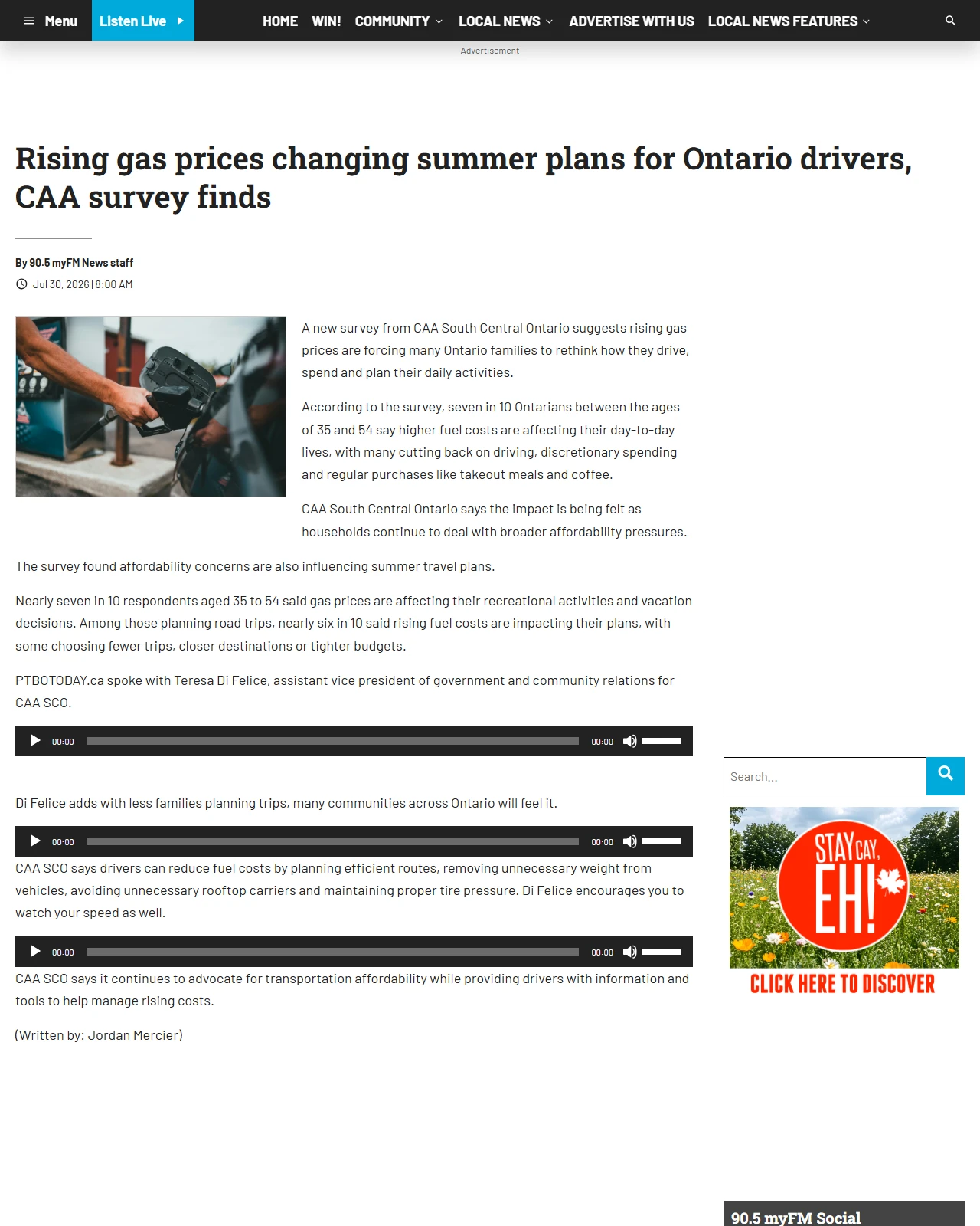 exetertoday.ca as published: Rising gas prices changing summer plans for Ontario drivers, CAA survey finds