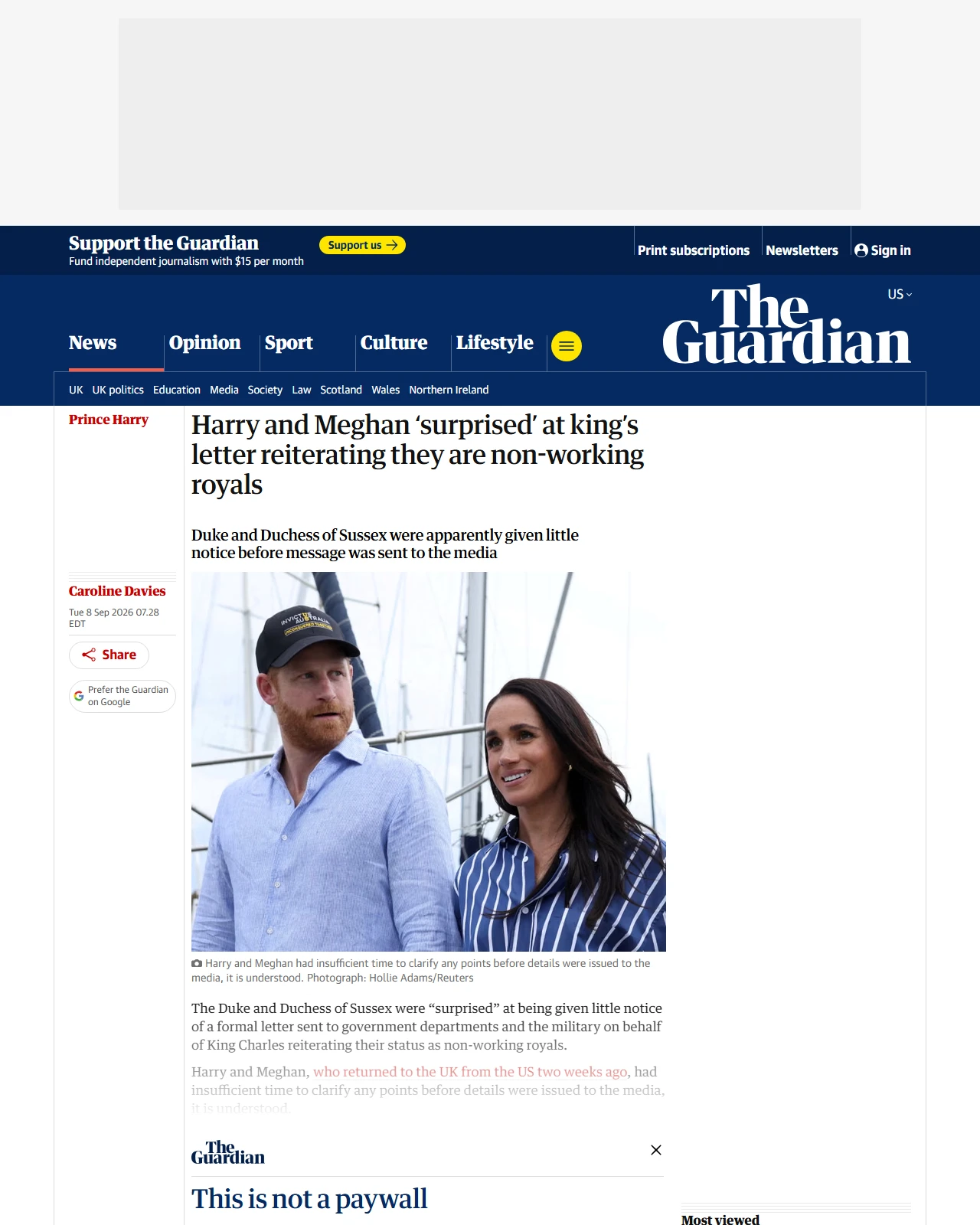 theguardian.com as published: Harry and Meghan ‘surprised’ at king’s letter reiterating they are non-working royals
