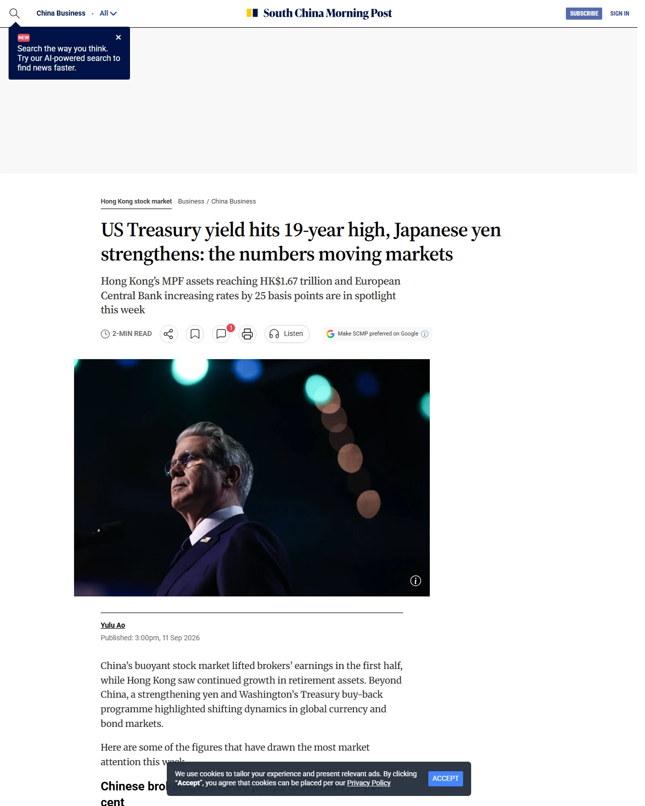 scmp.com as published: US Treasury yield hits 19-year high, Japanese yen strengthens: the numbers moving markets