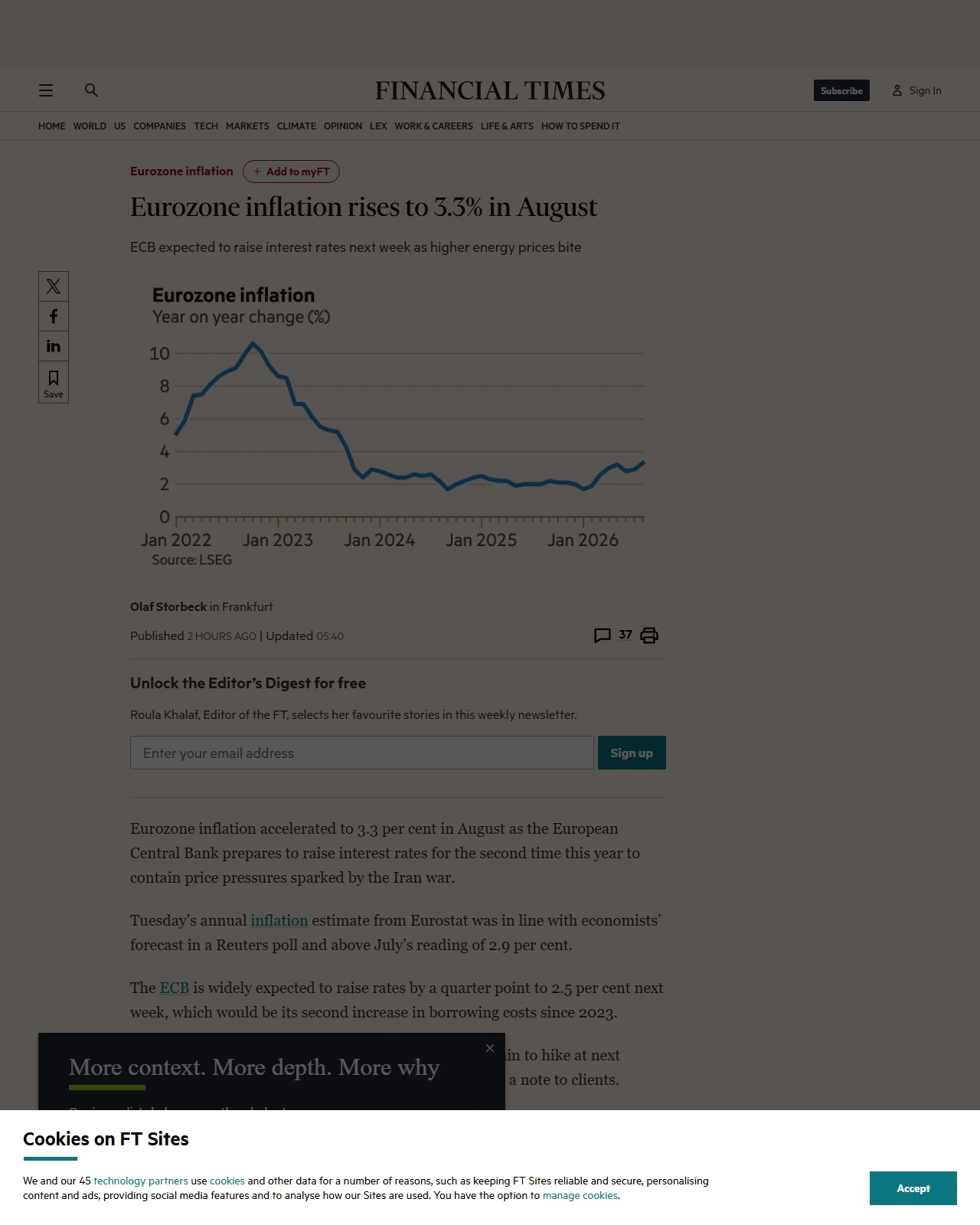 ft.com as published: Eurozone inflation rises to 3.3% in August