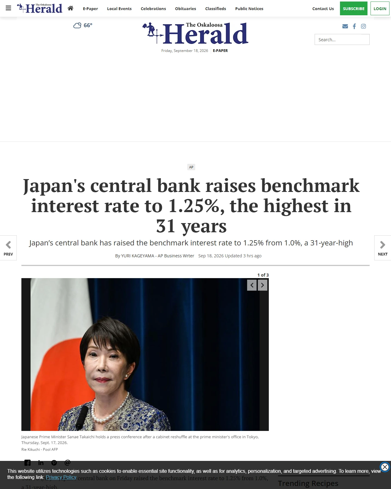 oskaloosa.com as published: Japan's central bank raises benchmark interest rate to 1.25%, the highest in 31 years