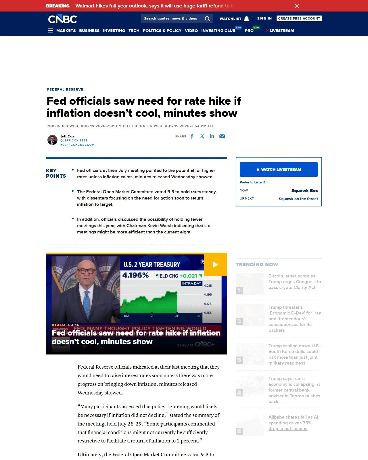 cnbc.com as published: Fed officials saw need for rate hike if inflation doesn't cool, minutes show