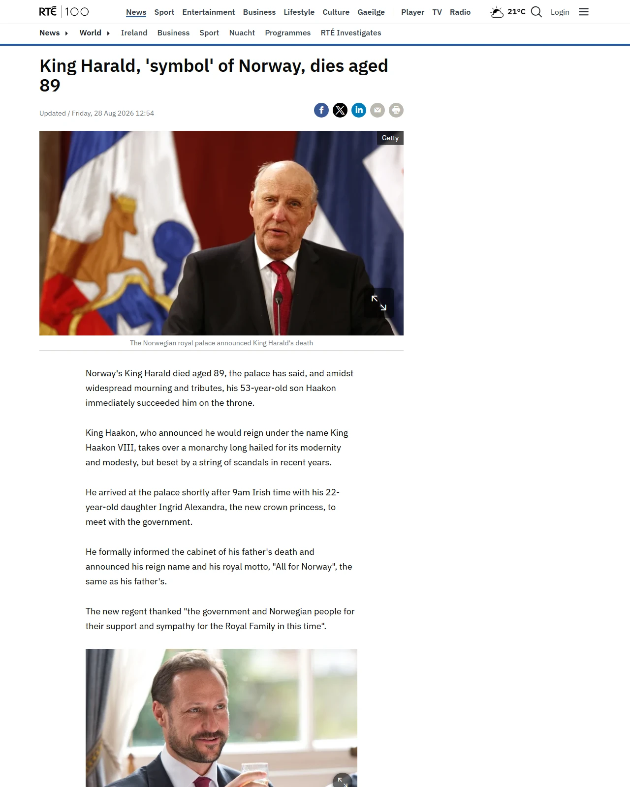 rte.ie as published: King Harald, 'symbol' of Norway, dies aged 89
